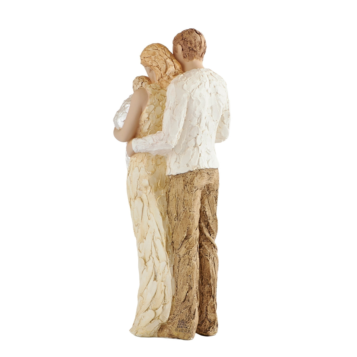 Rear angled view of Welcomed With Love family figure showing the parents embracing and holding their baby