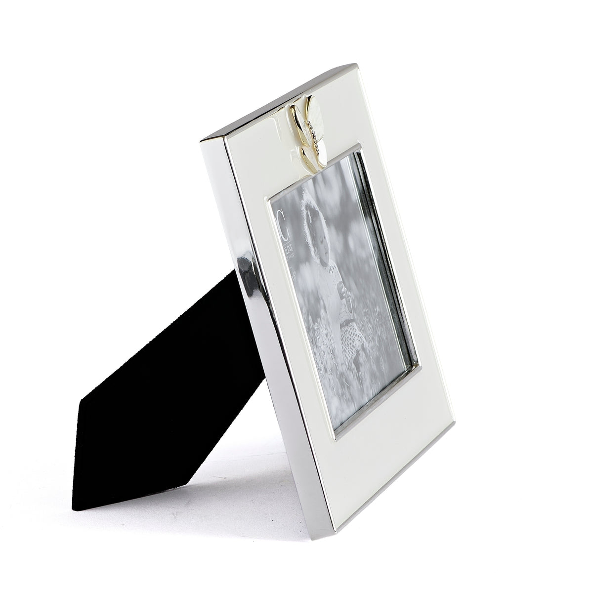 Side view of Caroline Collection Butterfly Picture Frame showing the slim metal frame and black tabletop stand