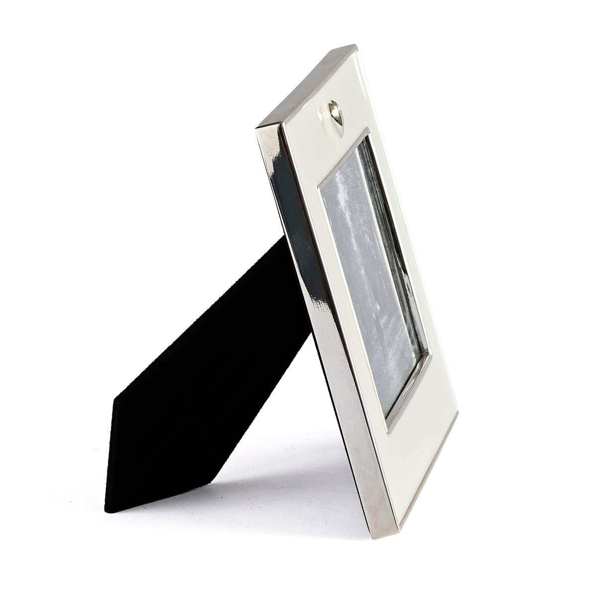 Side view of Caroline Collection Silver Heart Picture Frame showing the slim metal frame and black tabletop stand