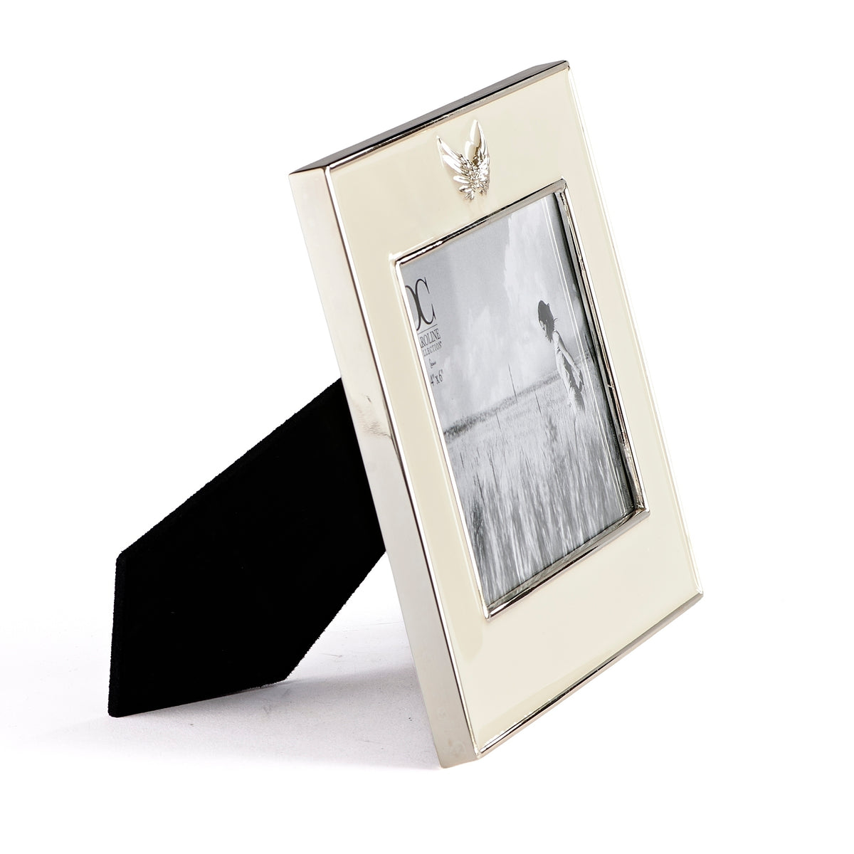 Side view of Caroline Collection Angel Wing Picture Frame showing the slim metal frame and black tabletop stand