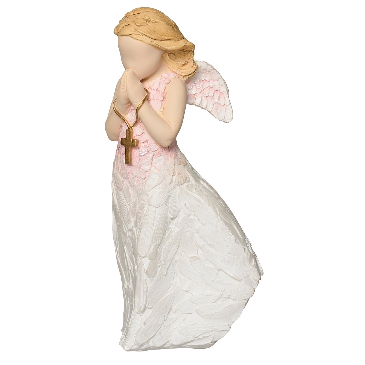 Side view of Angel of Strength Figure showing the praying pose, cross, sculpted wings, and textured gown