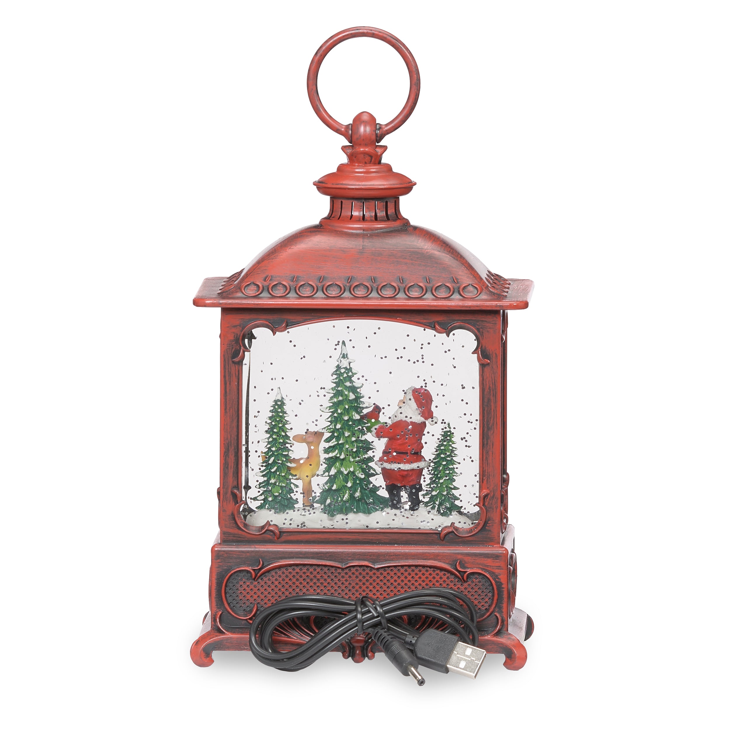 Red lantern-shaped snow globe with Santa Claus, a deer, bunny, and cardinals with power cord on a white background