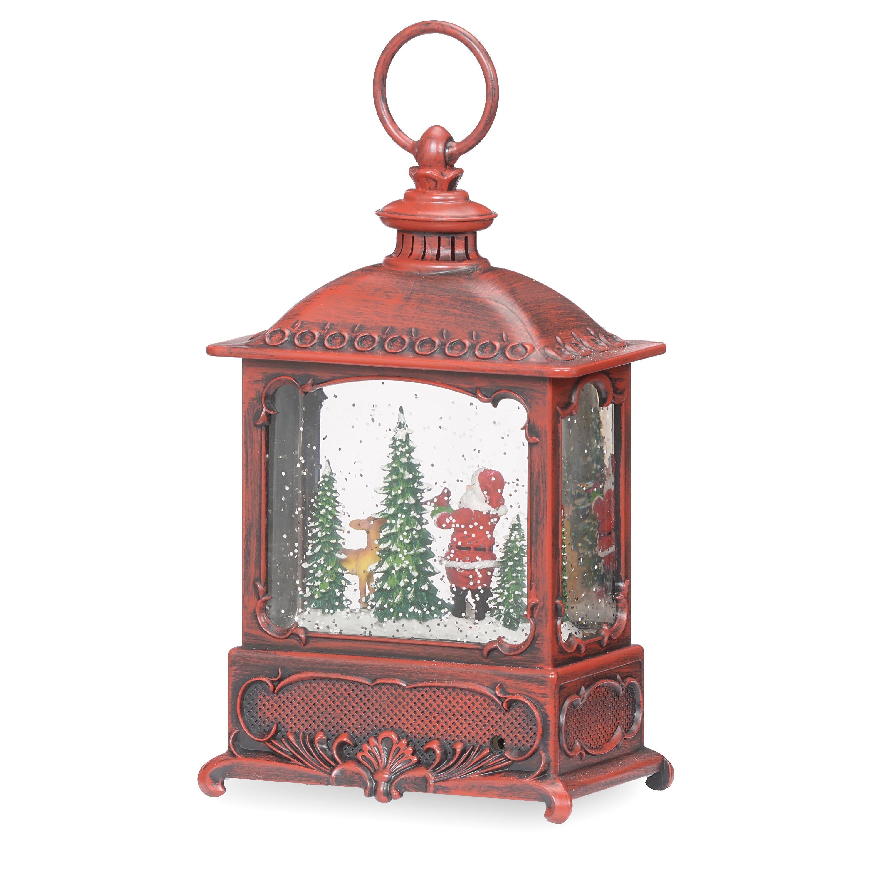 Red lantern-shaped snow globe with Santa Claus, a deer, bunny, and cardinals on a white background