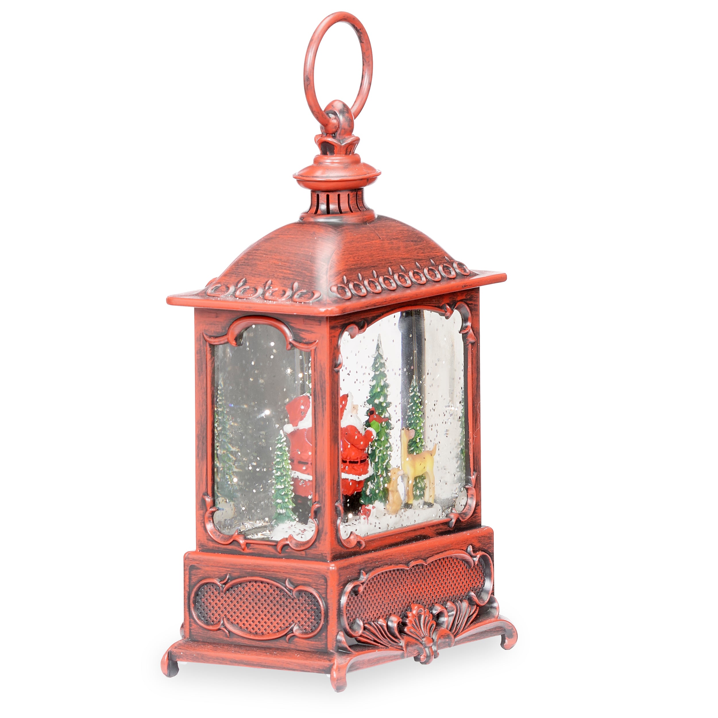 Red lantern-shaped snow globe with Santa Claus, a deer, bunny, and cardinals on a white background