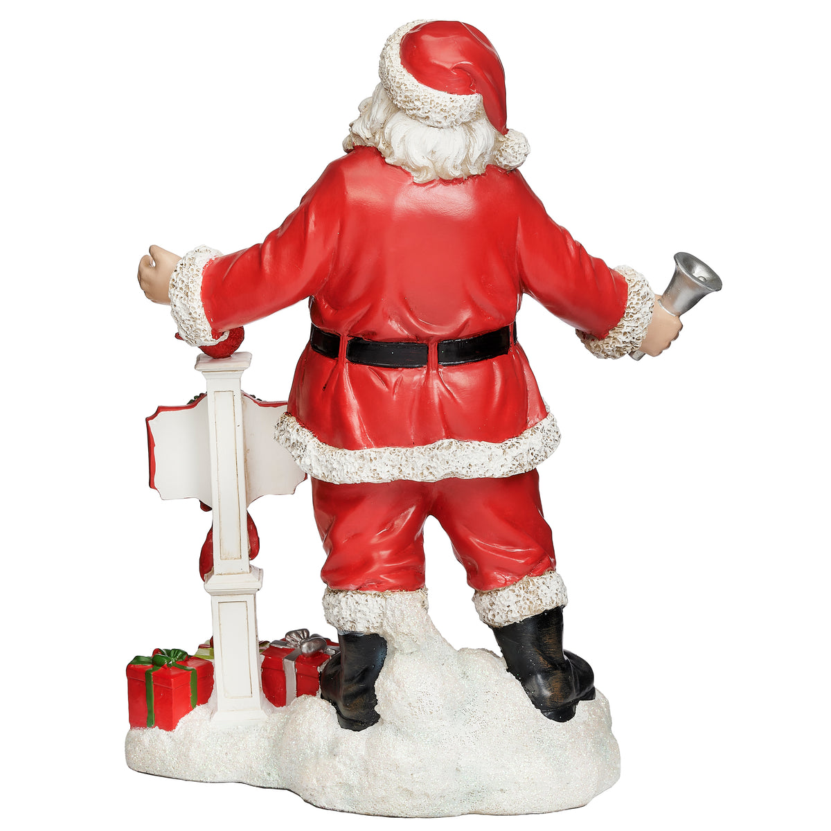 Back view of Joseph's Studio Cheerful Festive Santa Figure showing the red coat, black belt, white fur trim, and gift display