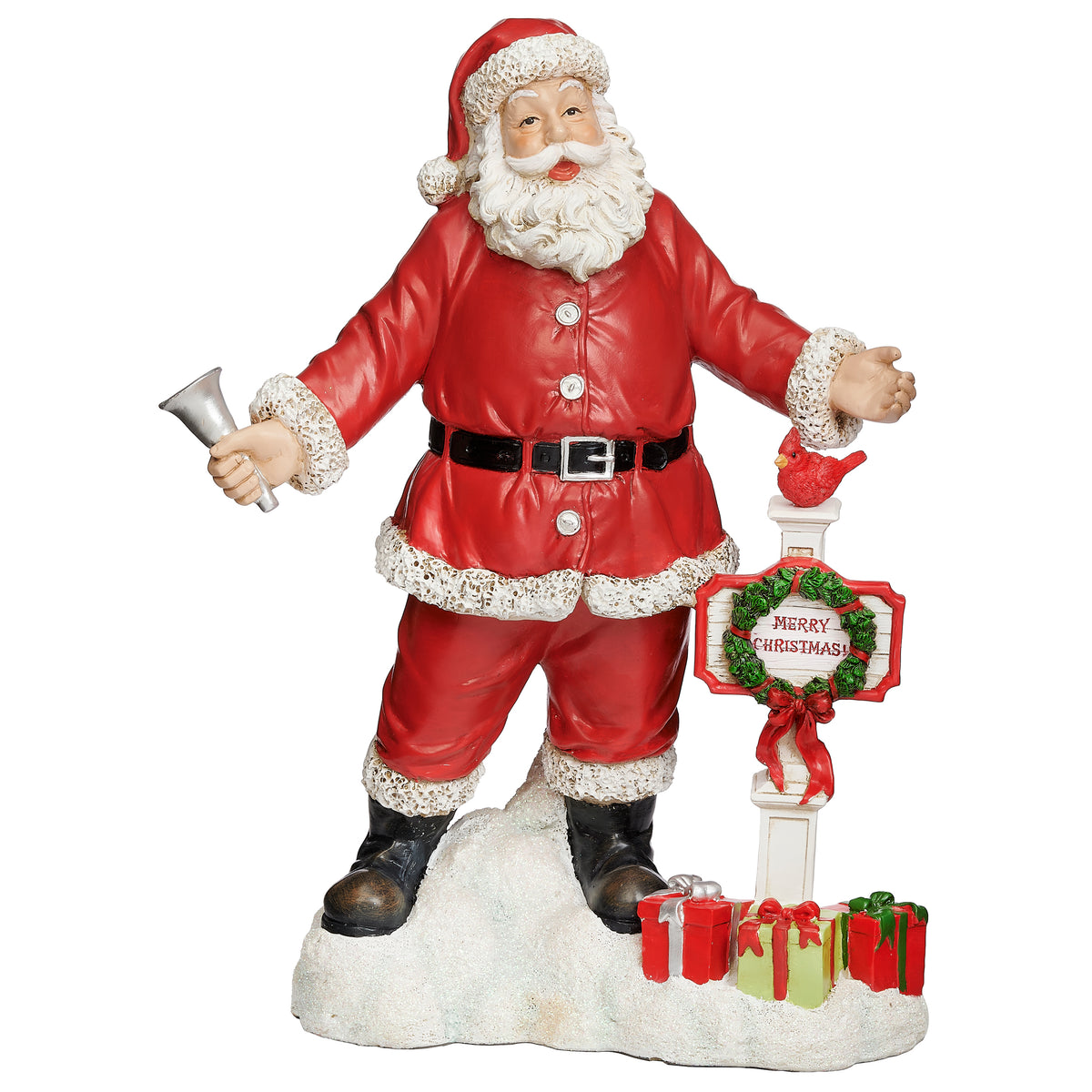 Front angled view of Joseph's Studio Cheerful Festive Santa Figure showing Santa with an outstretched hand beside the Merry Christmas sign and colorful presents