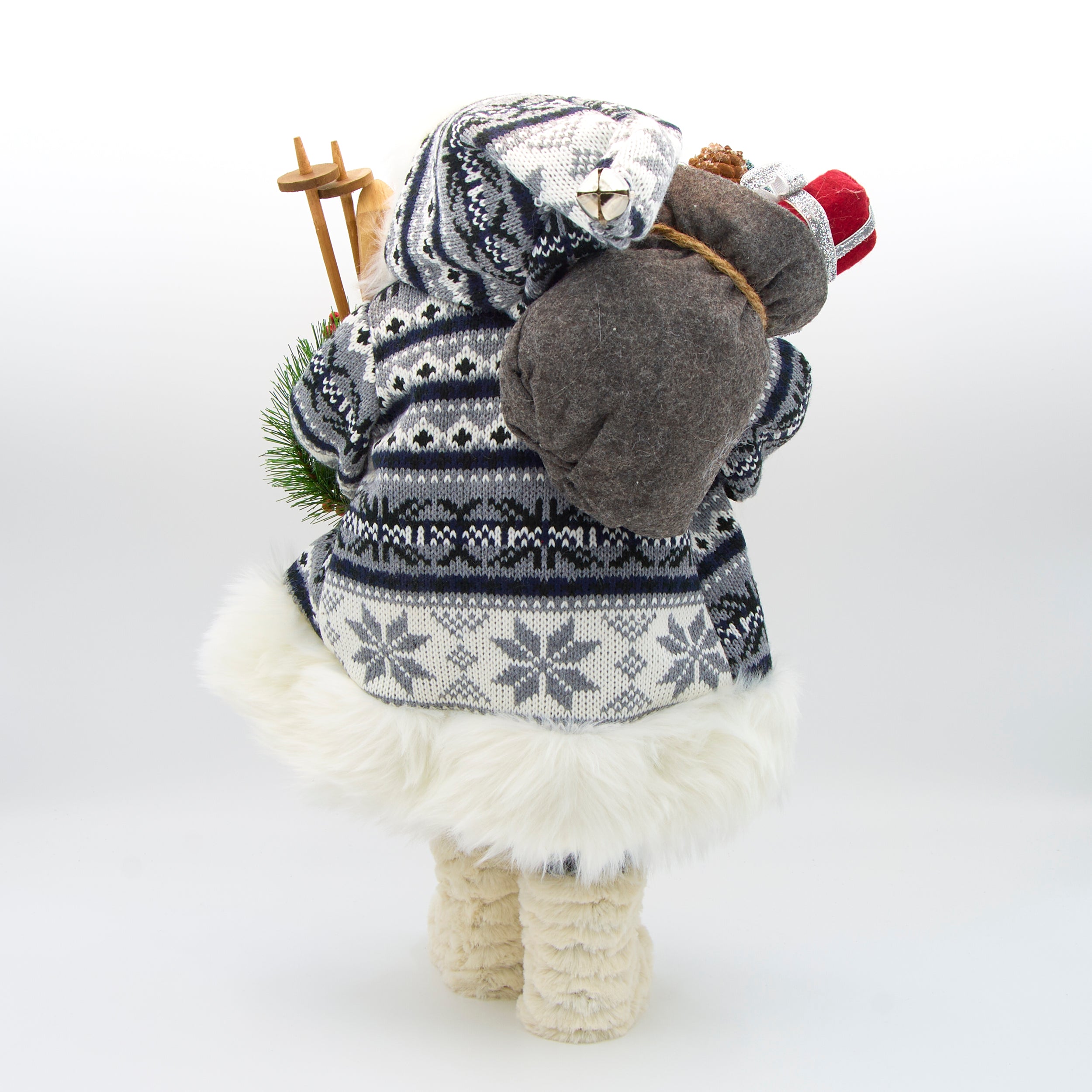 White & Grey Santa Figure with Skis in Knit Coat