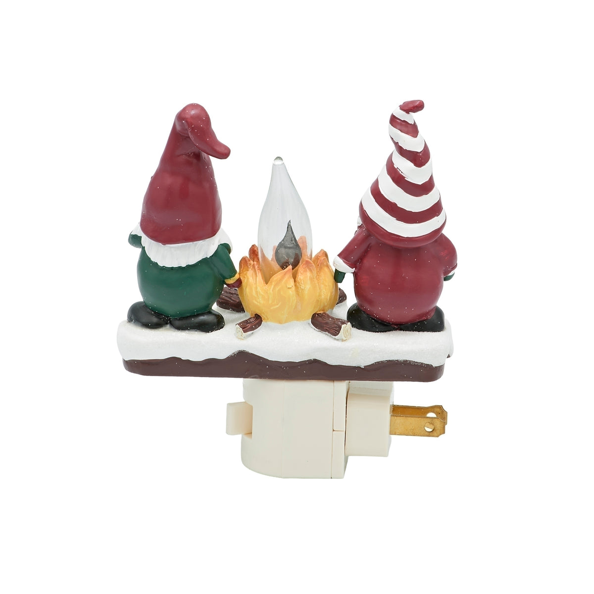 Rear view of gnome couple campfire night-light showing red and striped pointed hats, a snowy platform, and white plug-in base.