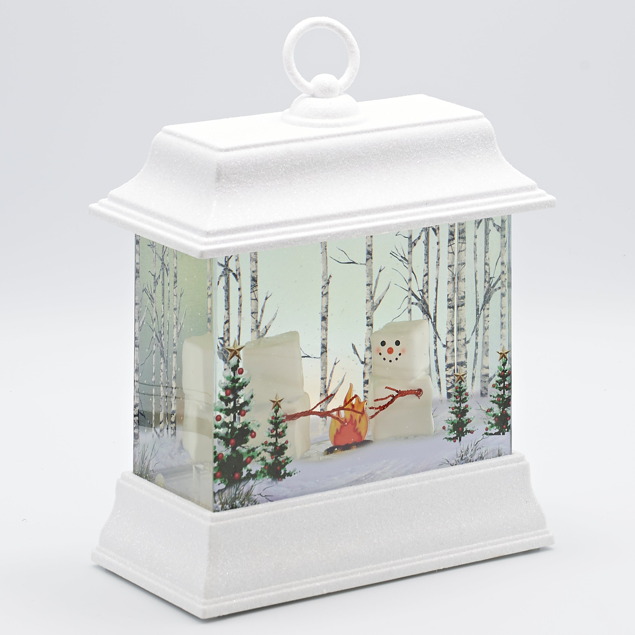 Confetti Lites Lighted Swirl White Lantern with Marshmallows by a Fire