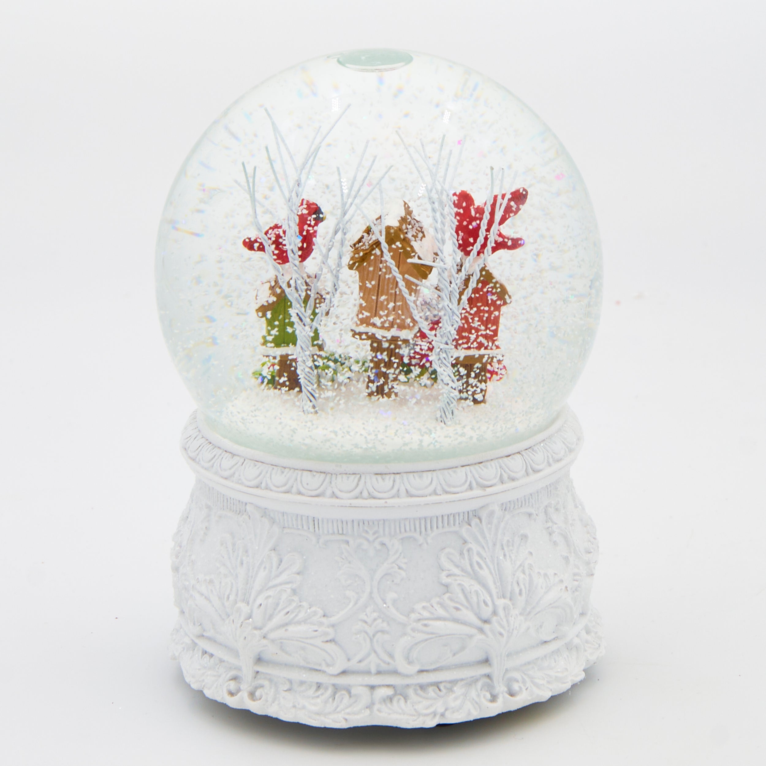Glitterdome Musical Cardinal with Birdhouses – "Winter Wonderland" Tune
