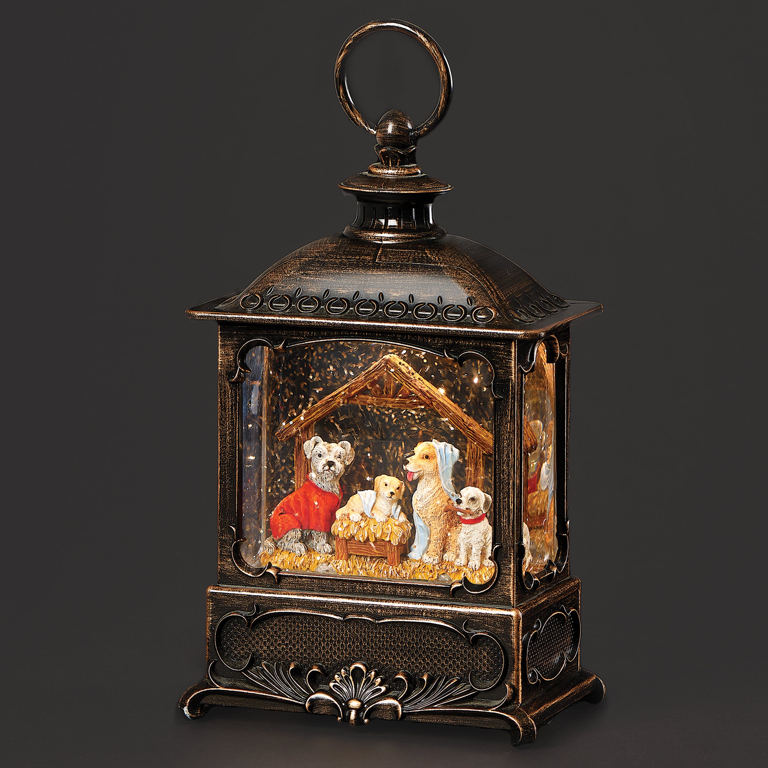 Confetti Lites Lighted Swirl Bronze Lantern with Canine Holy Family