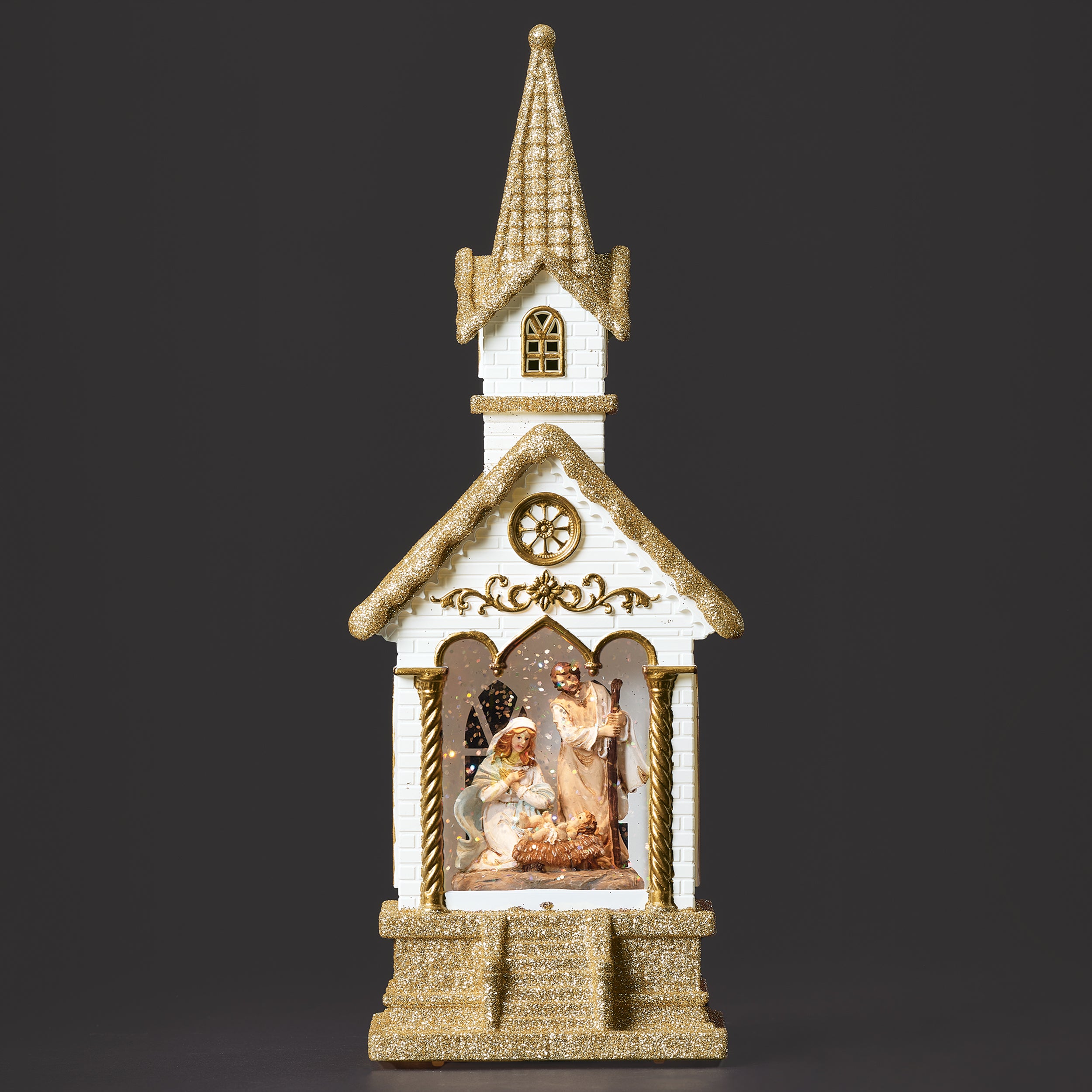 Confetti Lites Lighted Swirl White and Gold Church with Holy Family