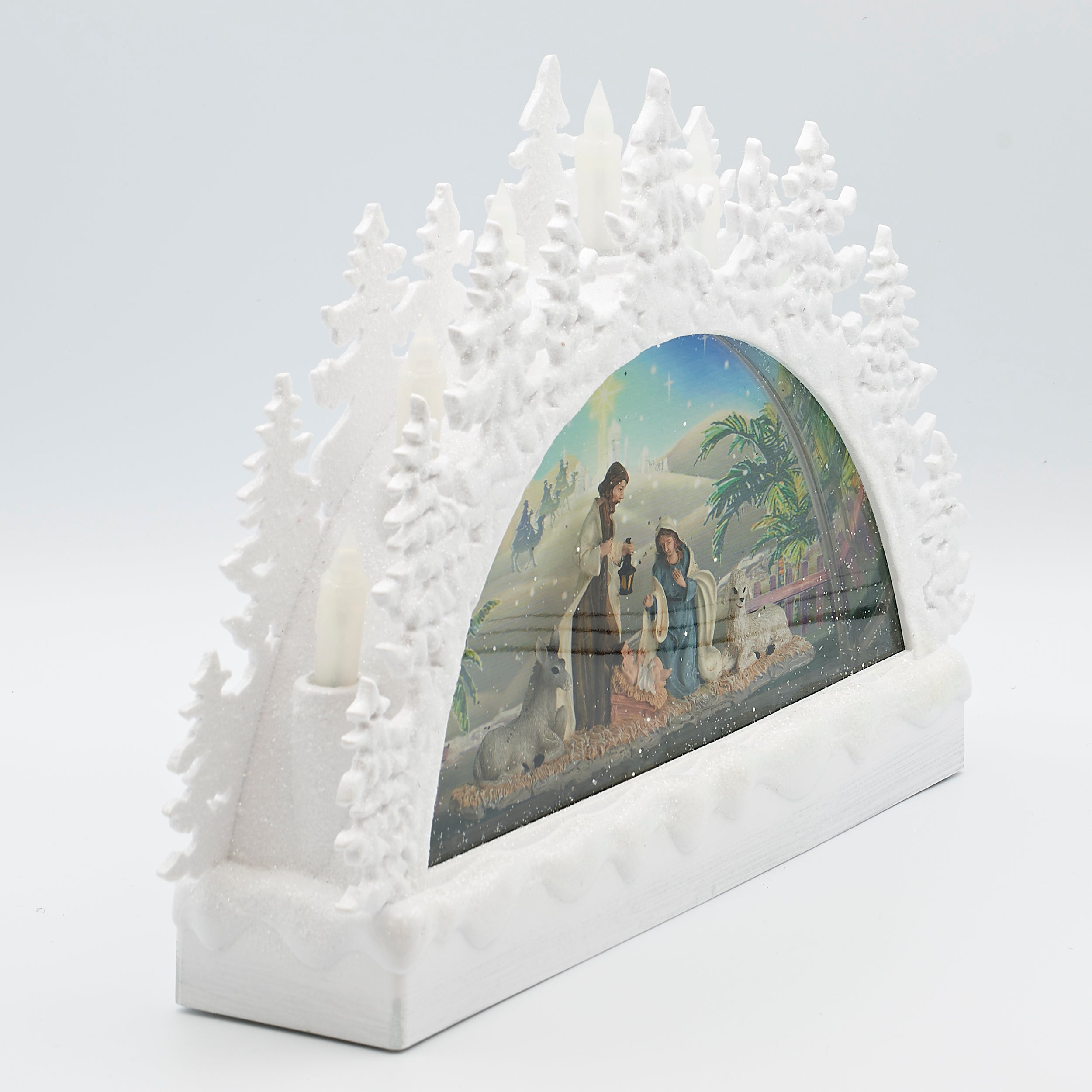 Confetti Lites Lighted Swirl White Tree Arch with Holy Family