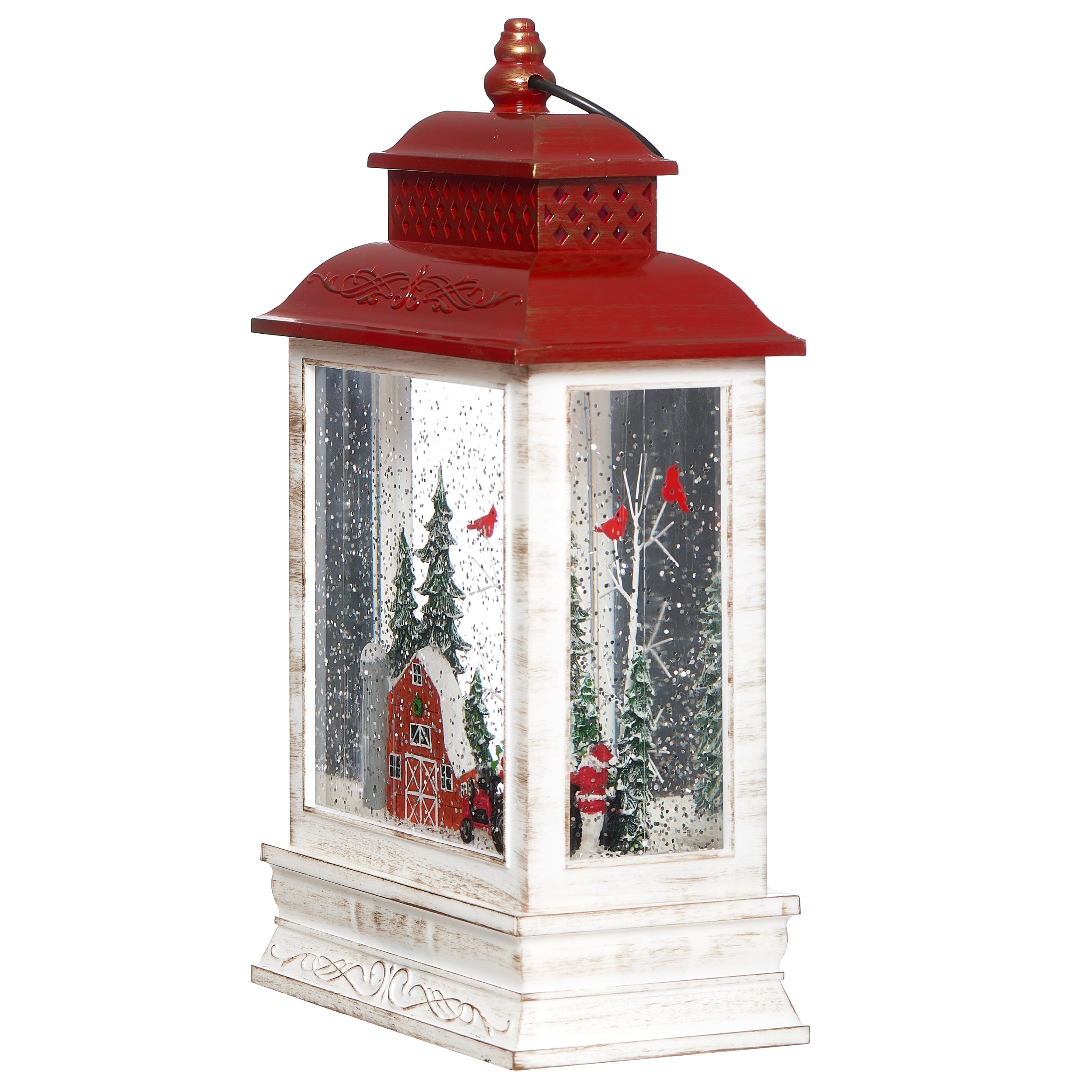 Decorative lantern with a winter scene featuring a red barn, trees, and a tractor on a white background.