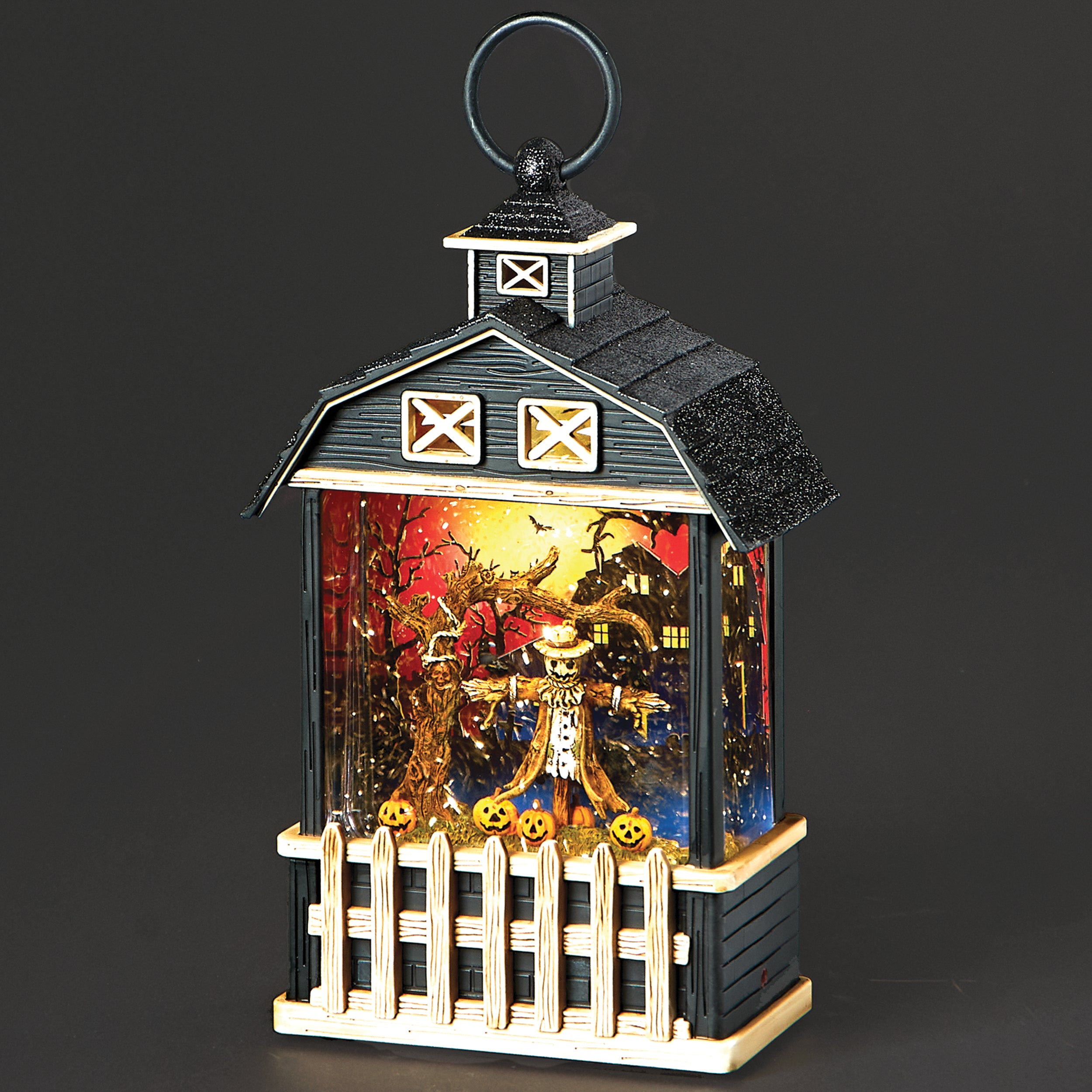 Glitterdome Lighted Swirl Haunted Barn Lantern with Scarecrow Scene