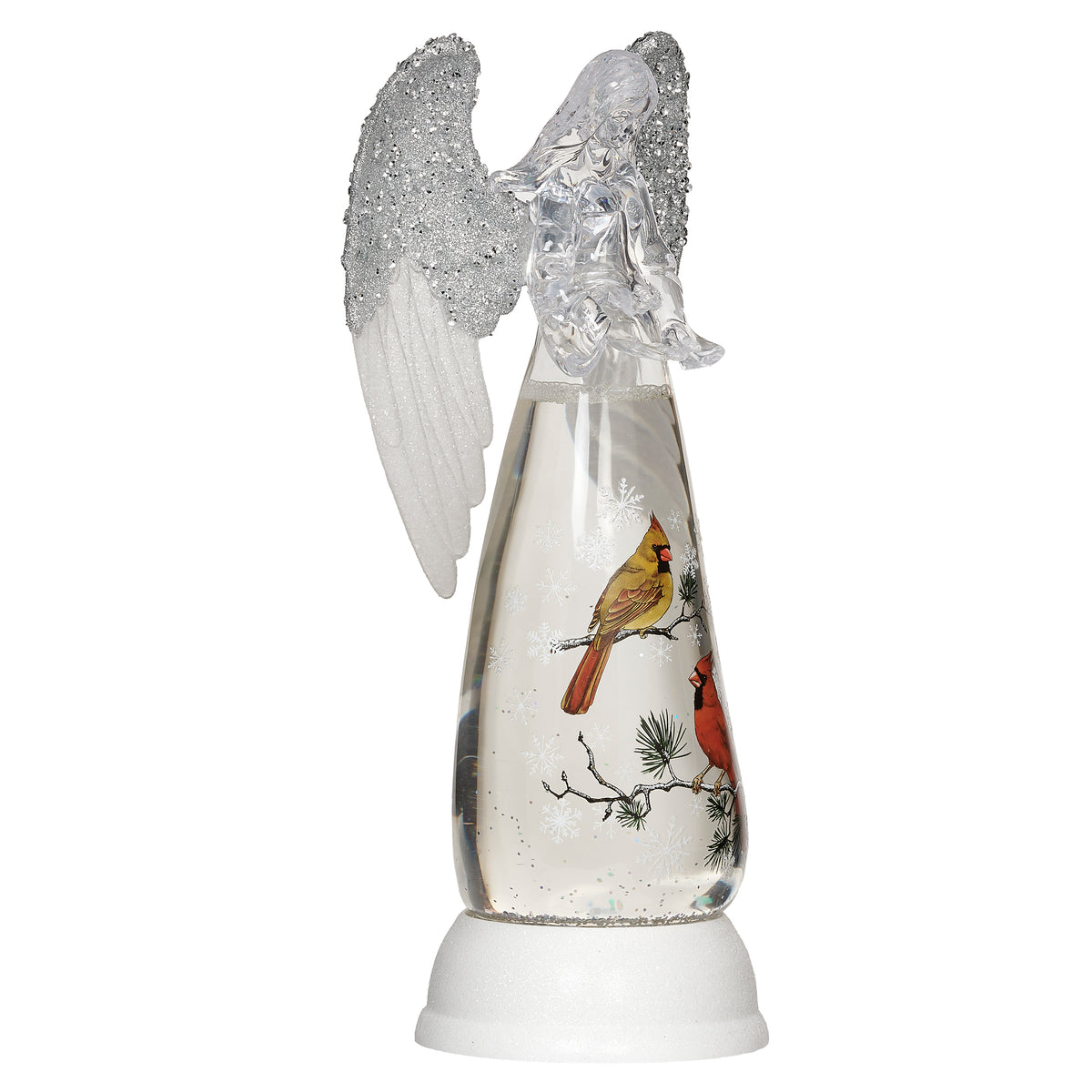 Opposite angled view of clear angel showing the cardinal scene, raised wings, and white pedestal base.