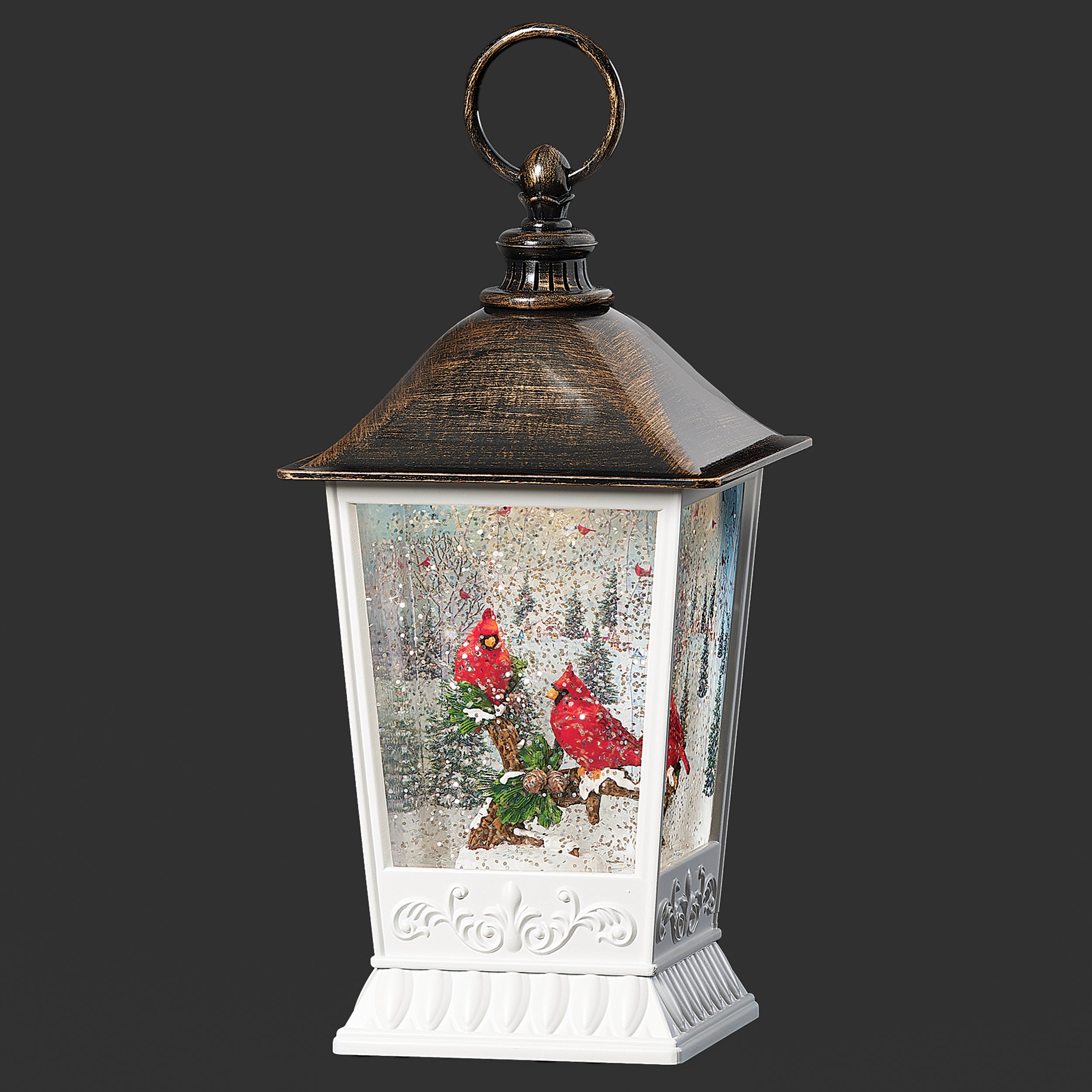 Confetti Lites Lighted Swirl White & Bronze Lantern with Cardinals Scene