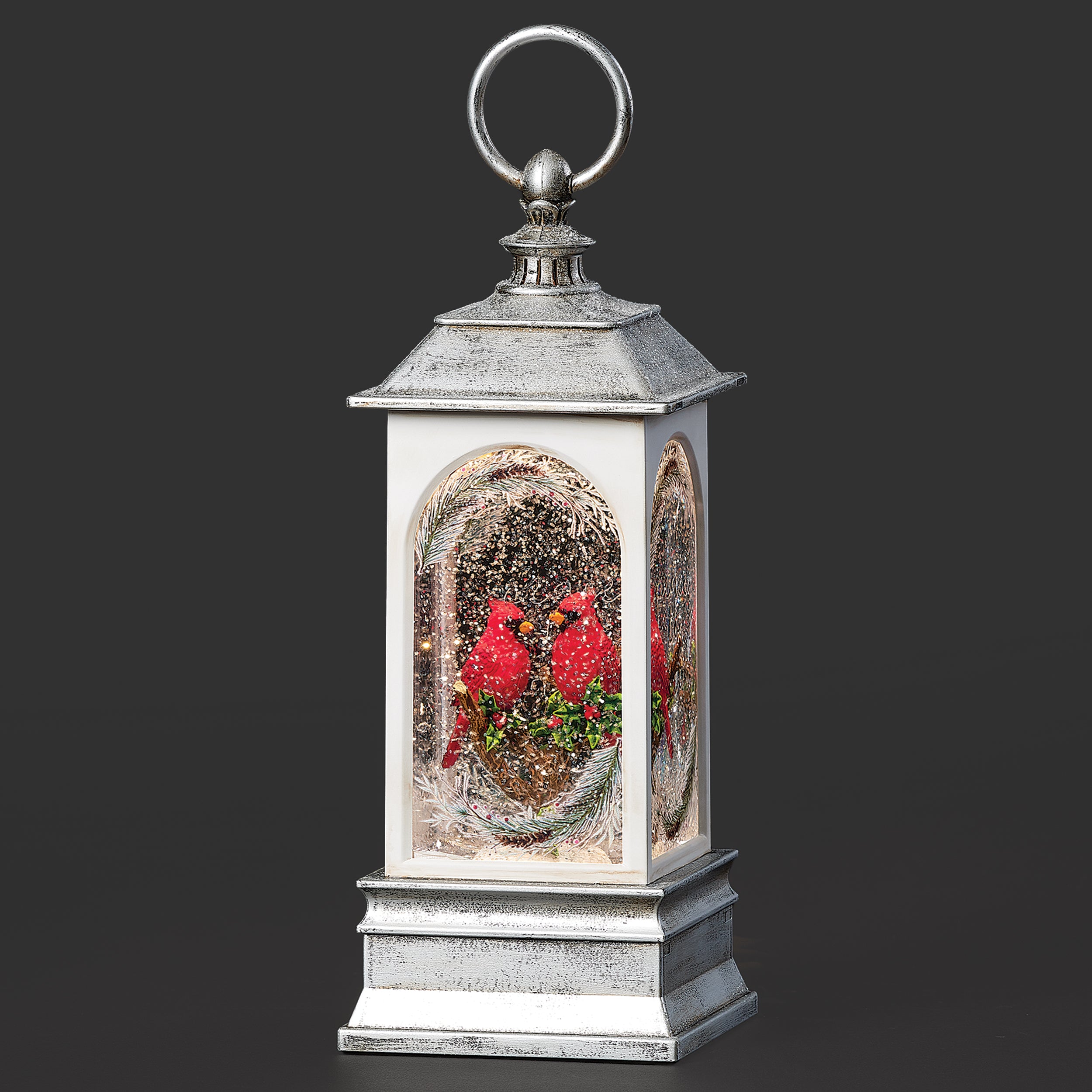 Confetti Lites Lighted Swirl Lantern with a Pair of Cardinals on a Branch