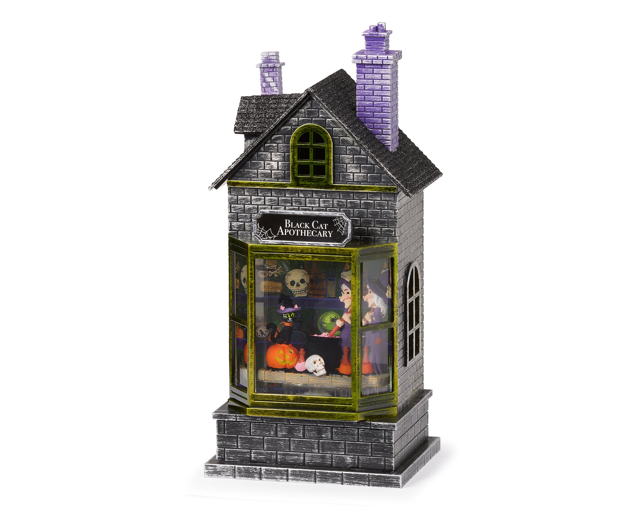 Decorative Halloween-themed house with a witch inside and 'Black Cat Apothecary' sign