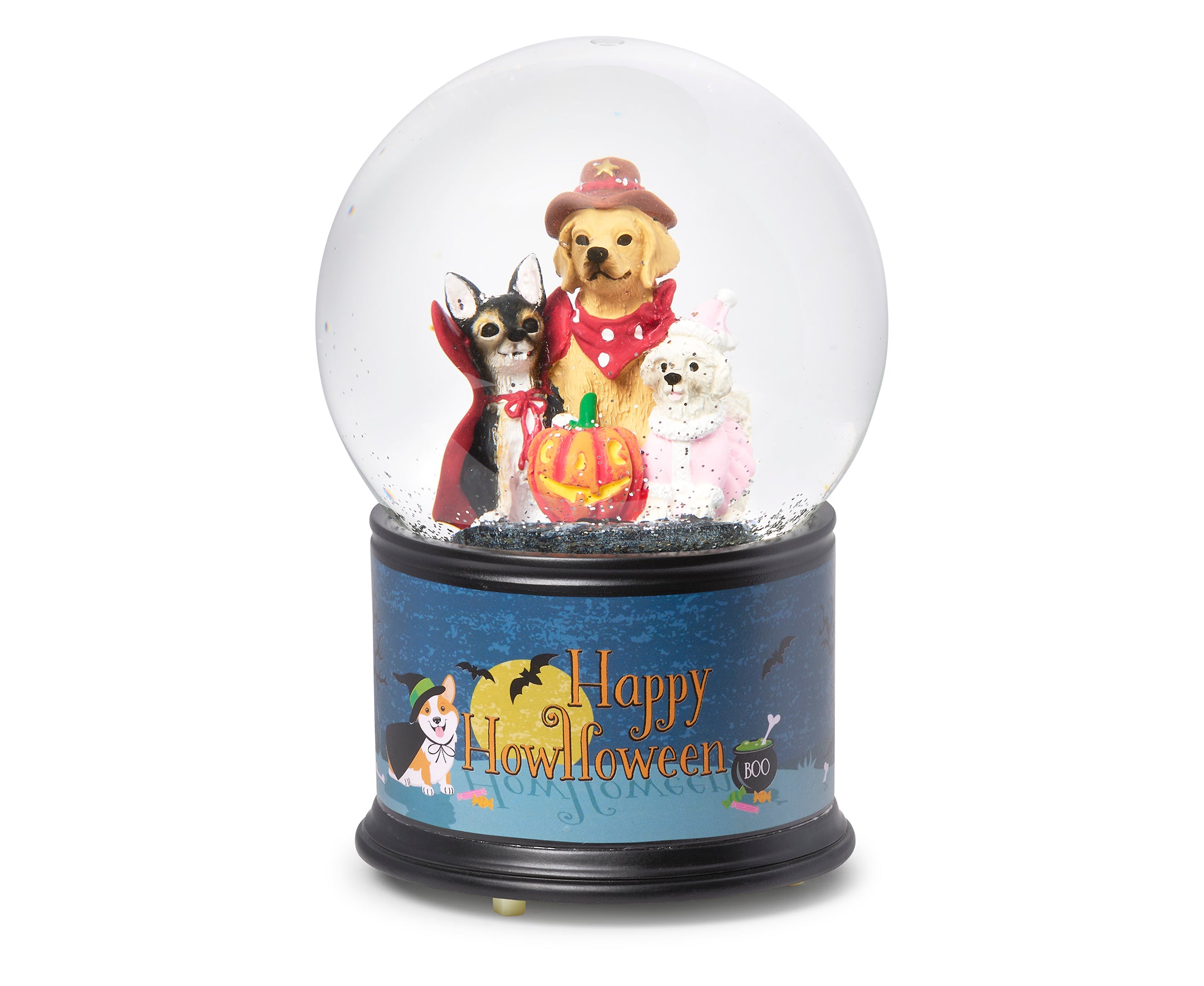 Halloween-themed glitterdome with three dogs wearing costumes inside