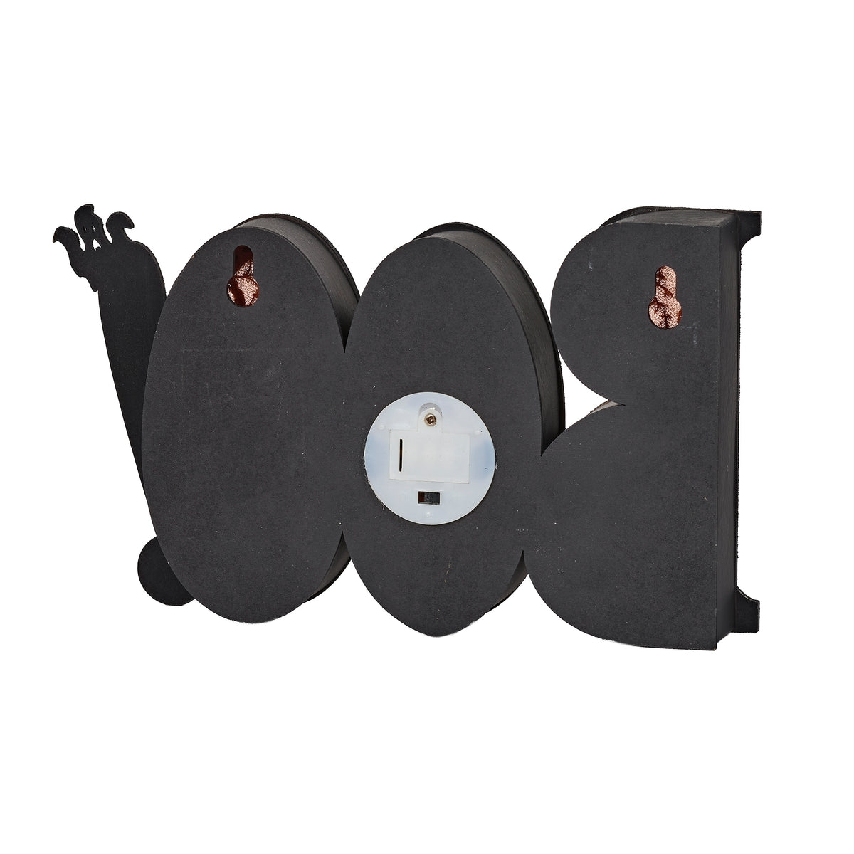 Rear view of “BOO” sign showing the solid black backing and round white battery compartment.