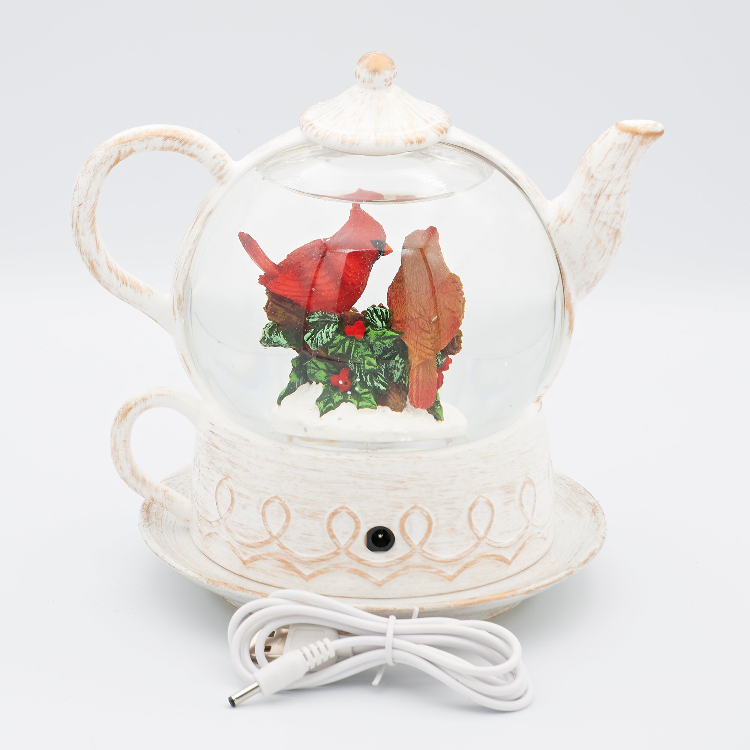 Confetti Lites Lighted Swirl Teapot with Cardinal, Holly & Pine