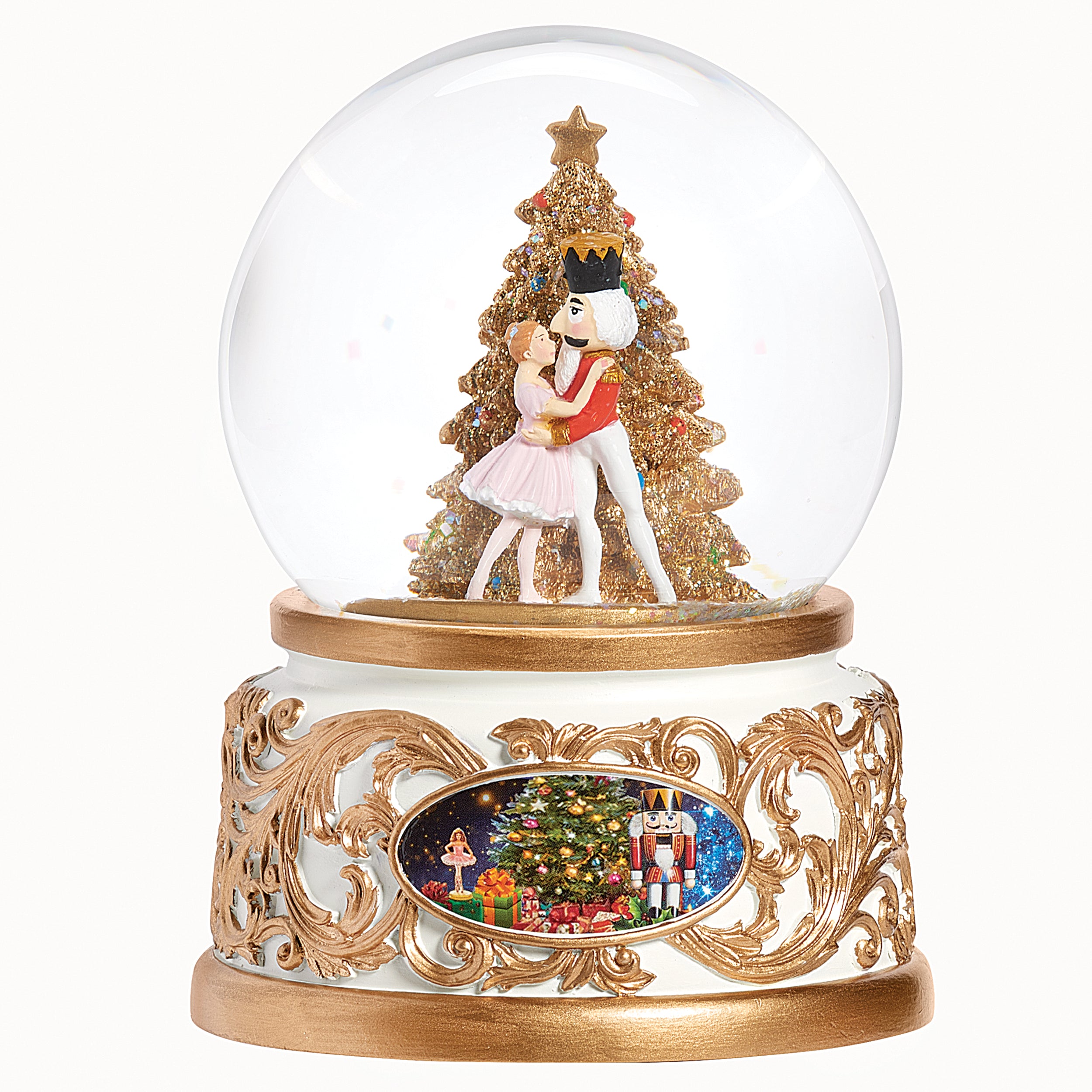 Decorative snow globe with Nutcracker and Clara scene, Christmas tree, and presents.