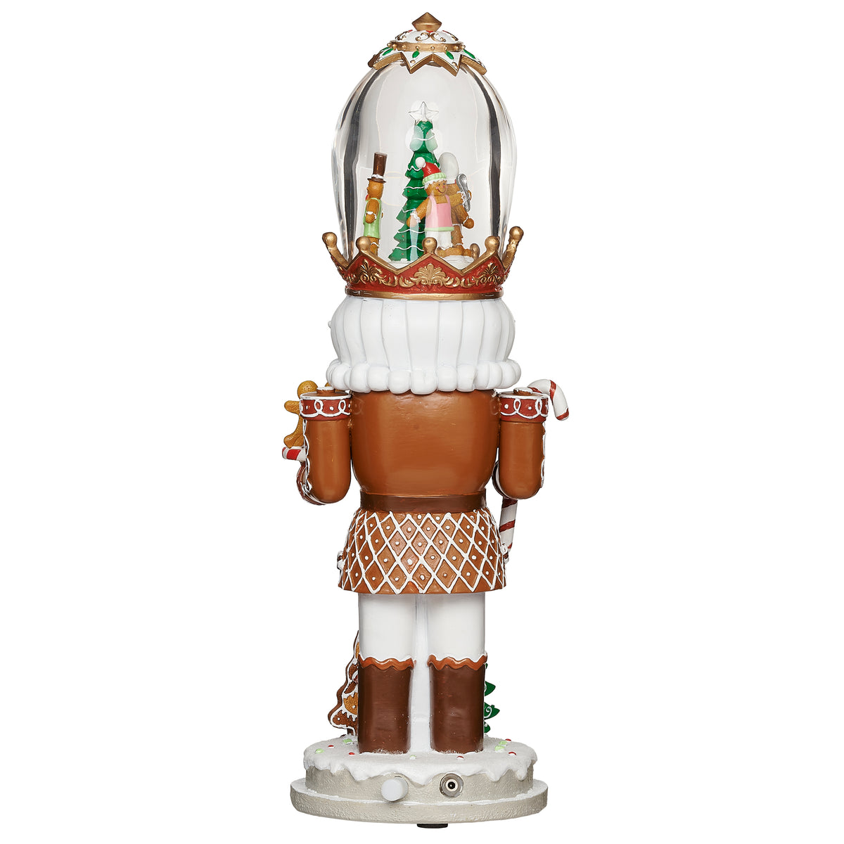 Back view of Gingerbread Nutcracker Lighted Musical showing the brown nutcracker uniform and rear of the clear holiday scene dome
