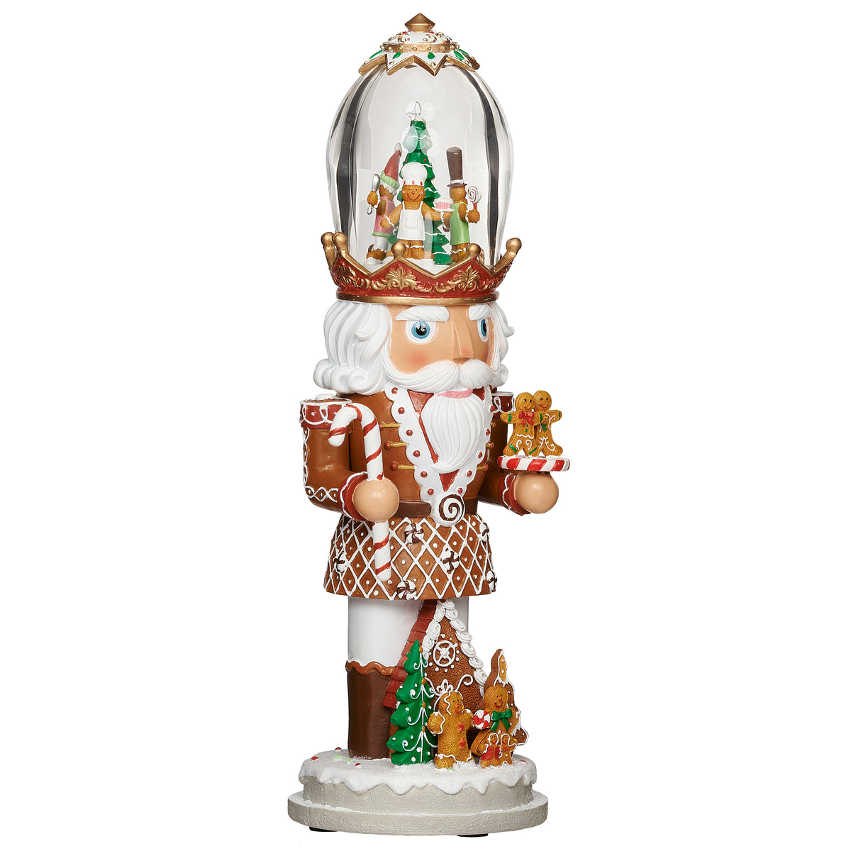 Side angled view of Gingerbread Nutcracker Lighted Musical showing the rotating holiday scene dome and detailed nutcracker figure