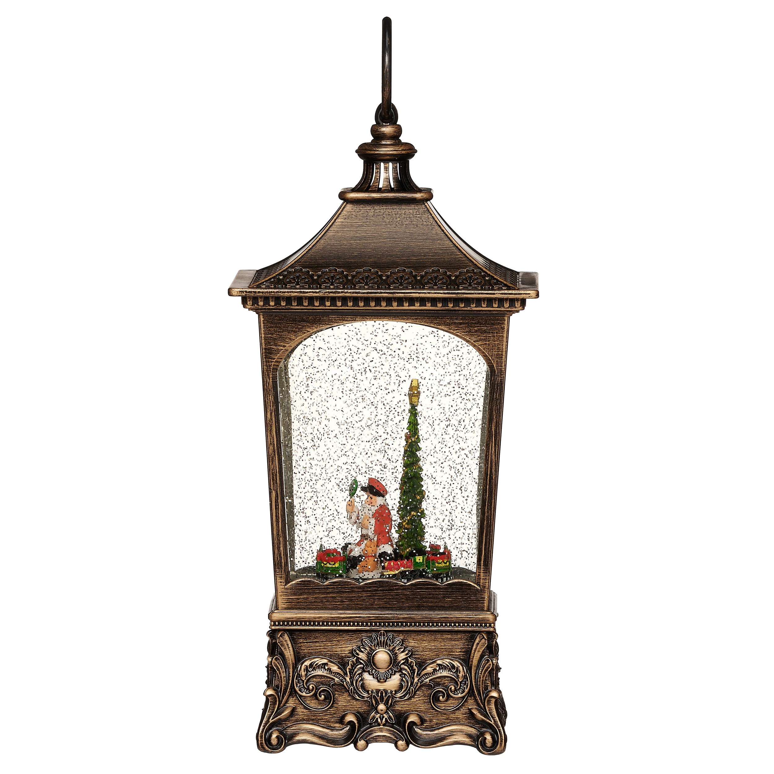 Lantern with a Christmas scene inside on a white background.