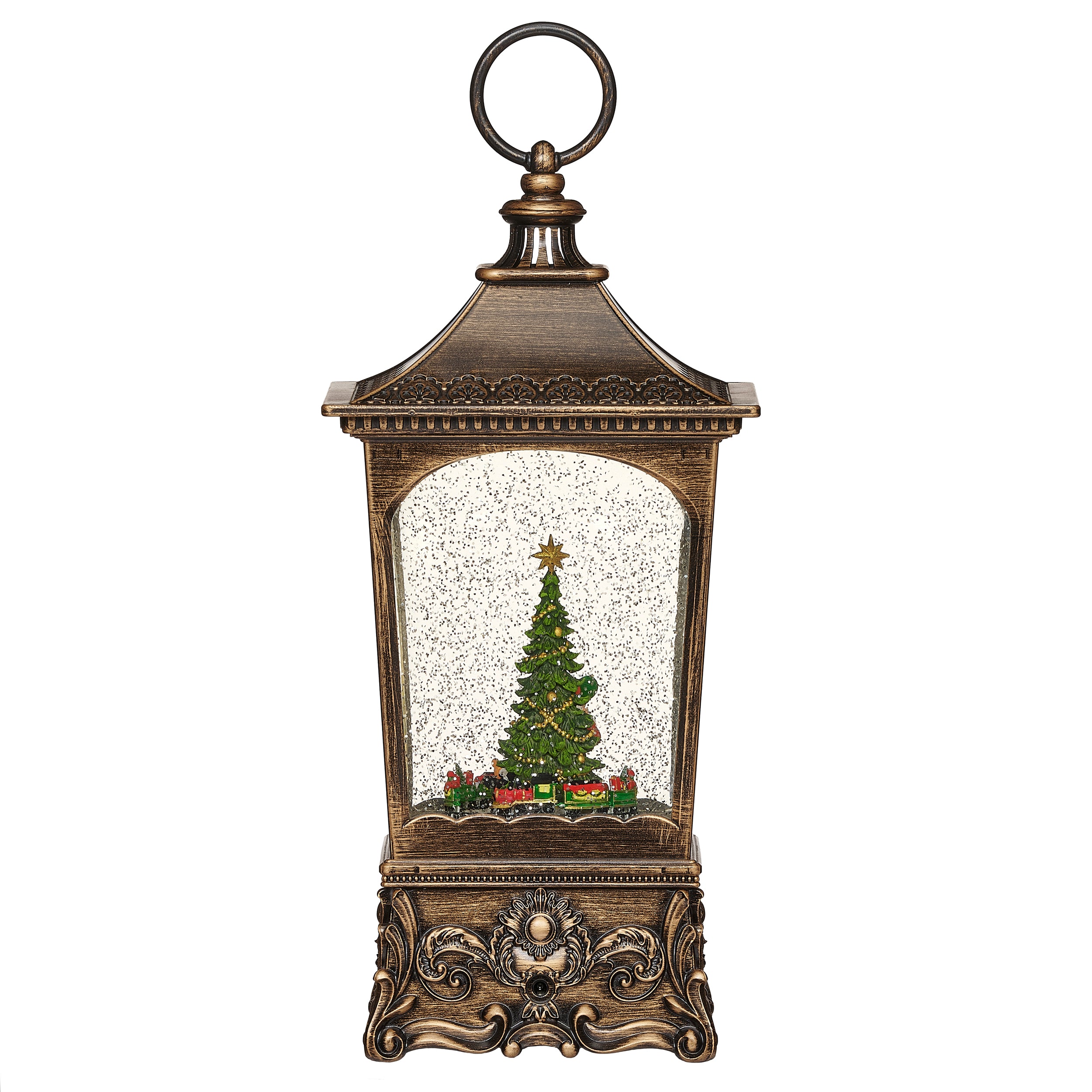 Lantern with a Christmas scene inside on a white background.