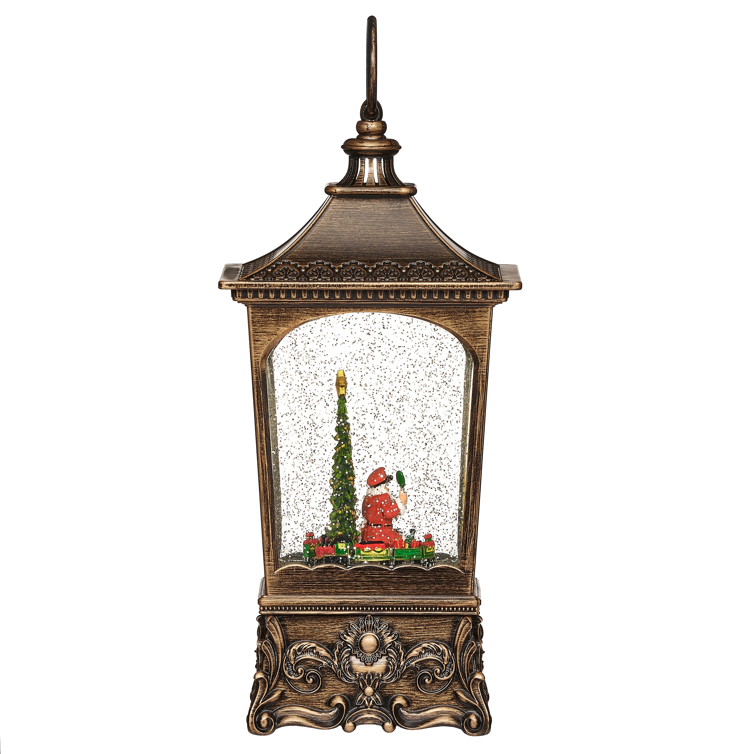 Lantern with a Christmas scene inside on a white background.