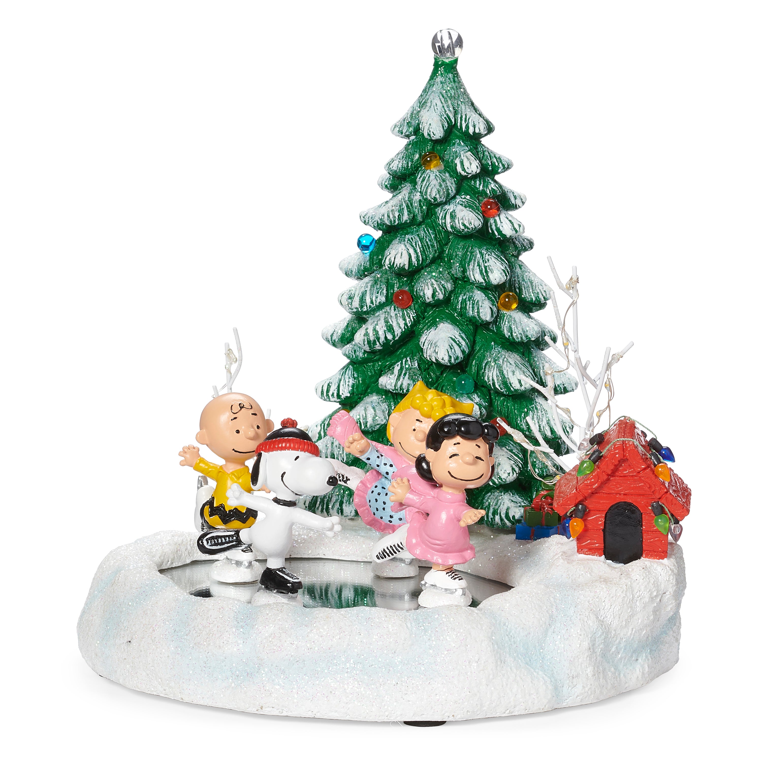 peanut characters ice skating in front of a christmas tree