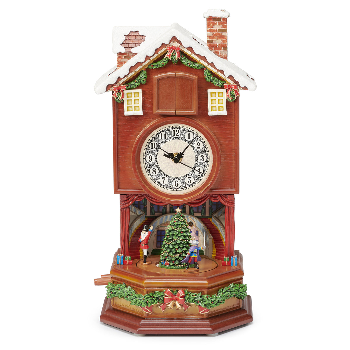 Front angled view of Lighted Musical Clock showing the round clock face, decorated roof, and Nutcracker ballet scene