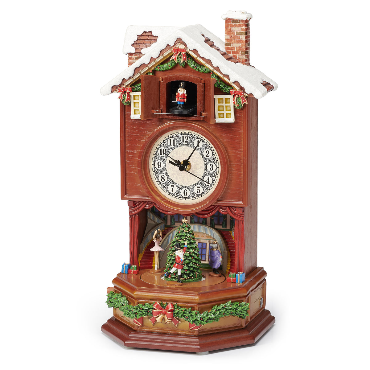 Front view of Lighted Musical Clock highlighting the vintage-style clock face, holiday accents, and rotating scene below