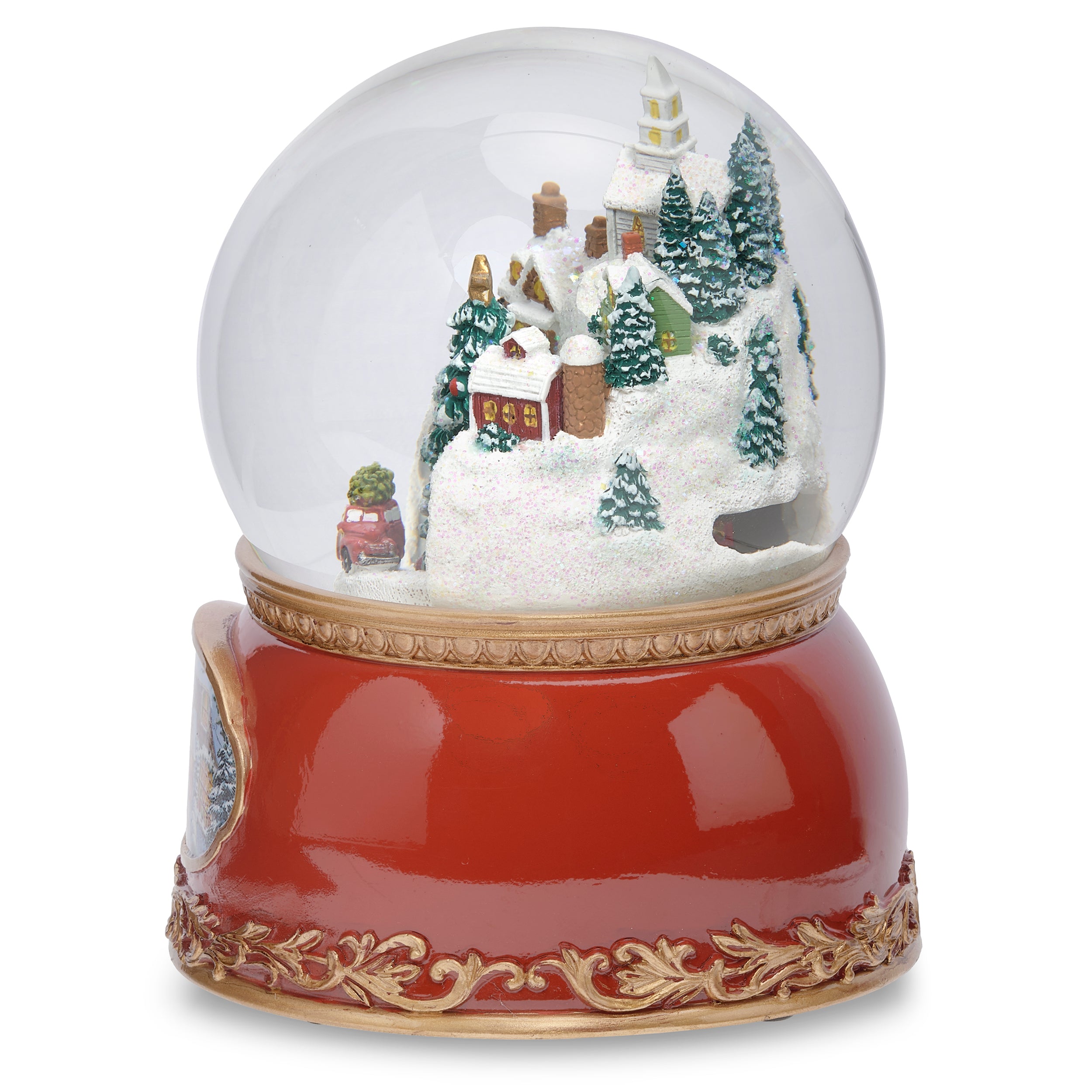 Christmas snow globe with a red base and winter village scene inside