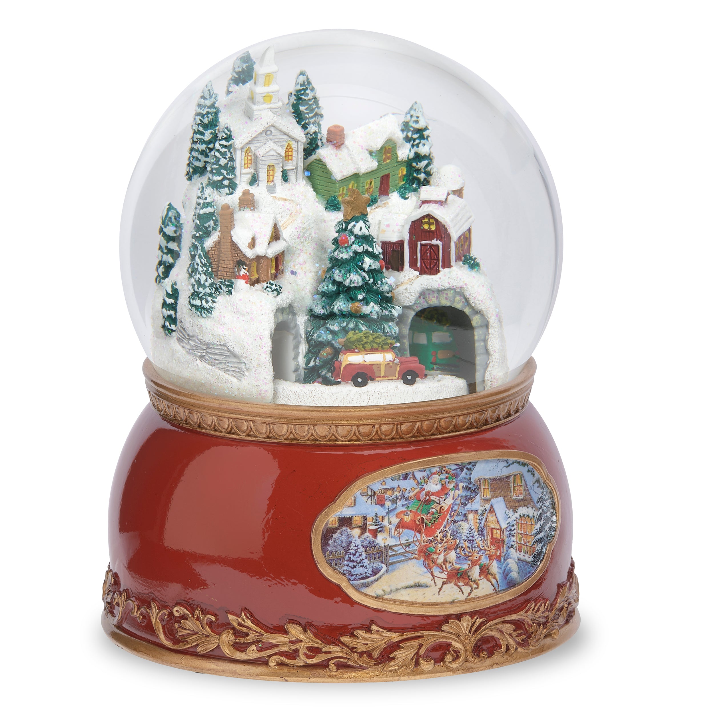Christmas snow globe with a winter village scene on a white background