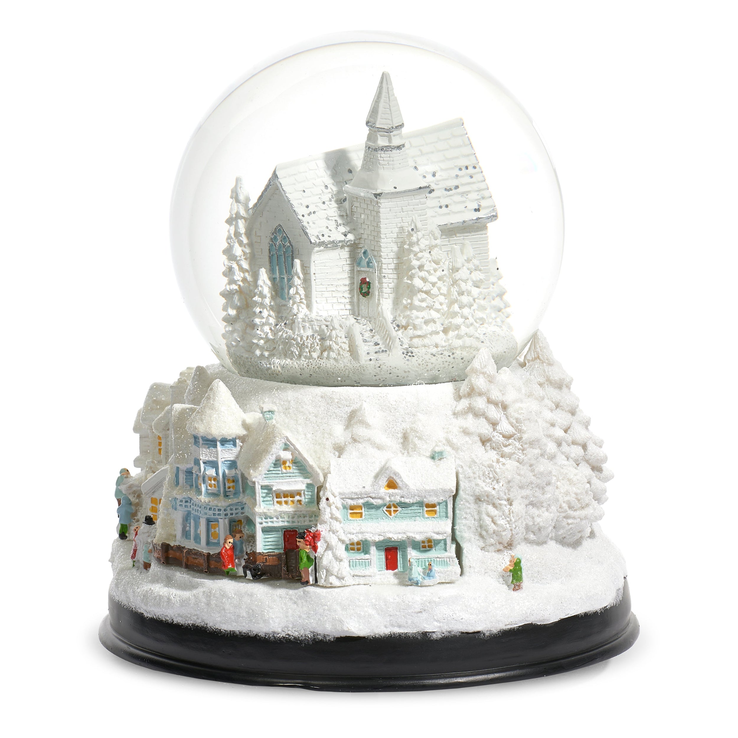 Snow globe with a winter scene featuring houses and trees on a white background