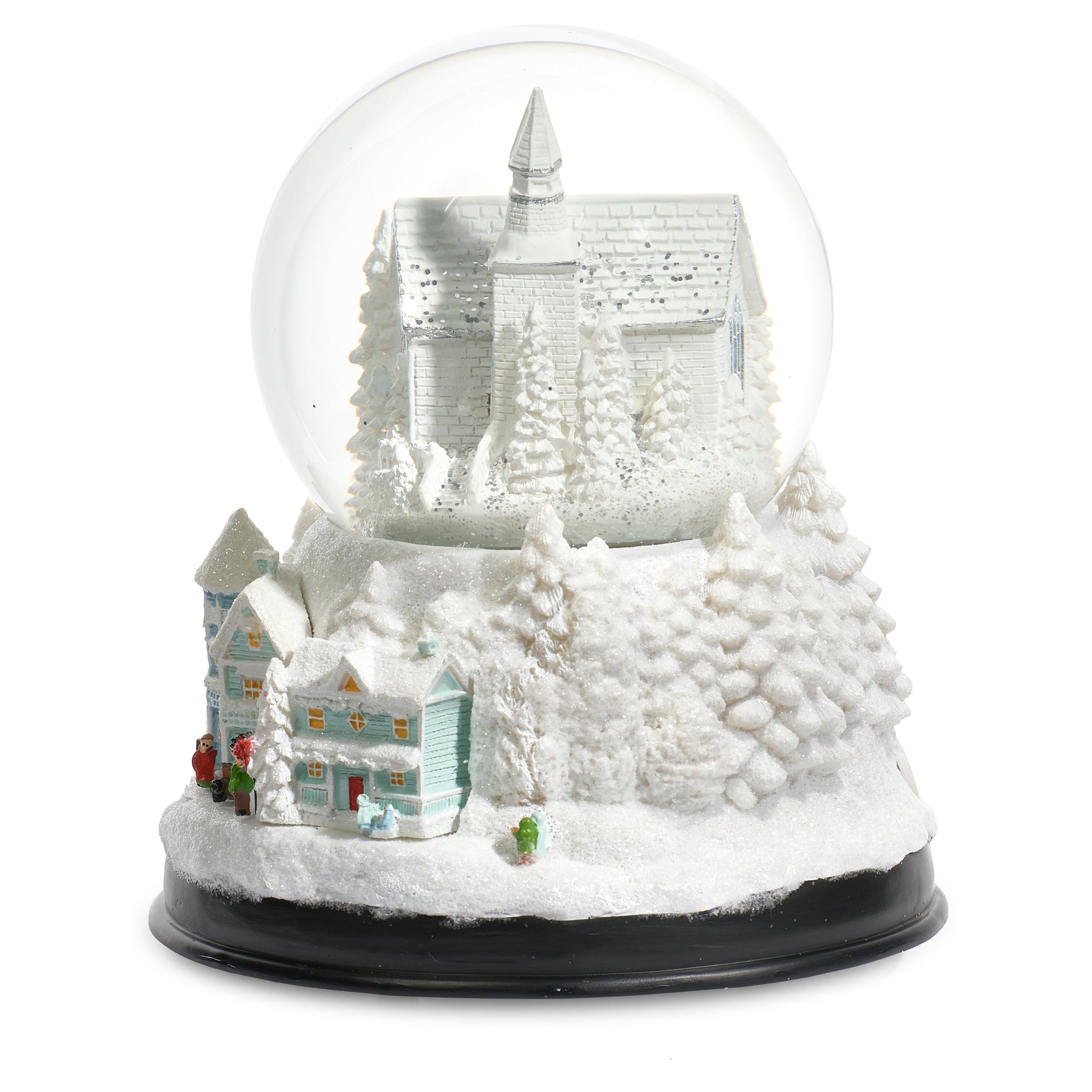 Snow globe with a winter scene featuring houses and trees inside a transparent sphere.