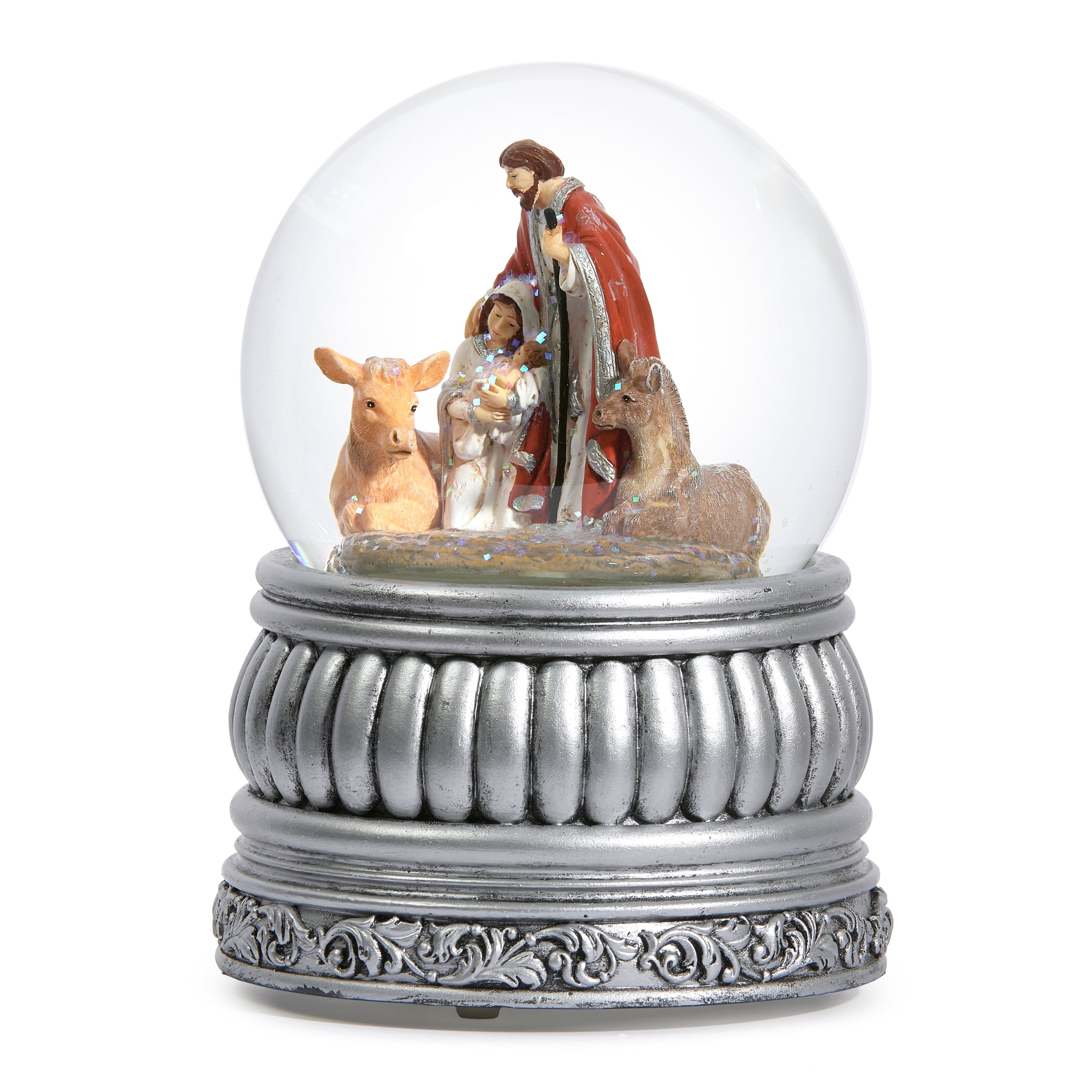 Decorative snow globe with nativity scene on a white background