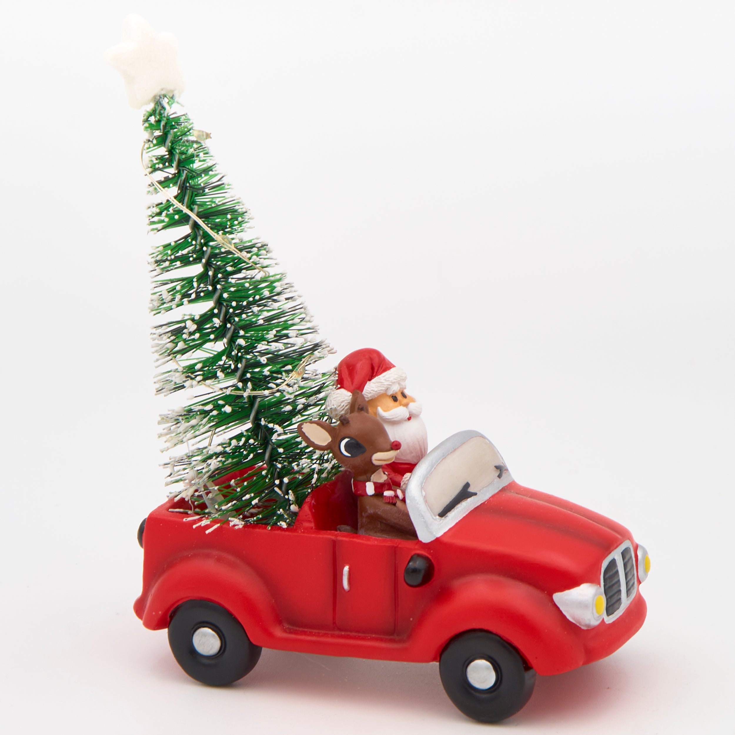 Lighted Rudolph in Car with Santa & Tree