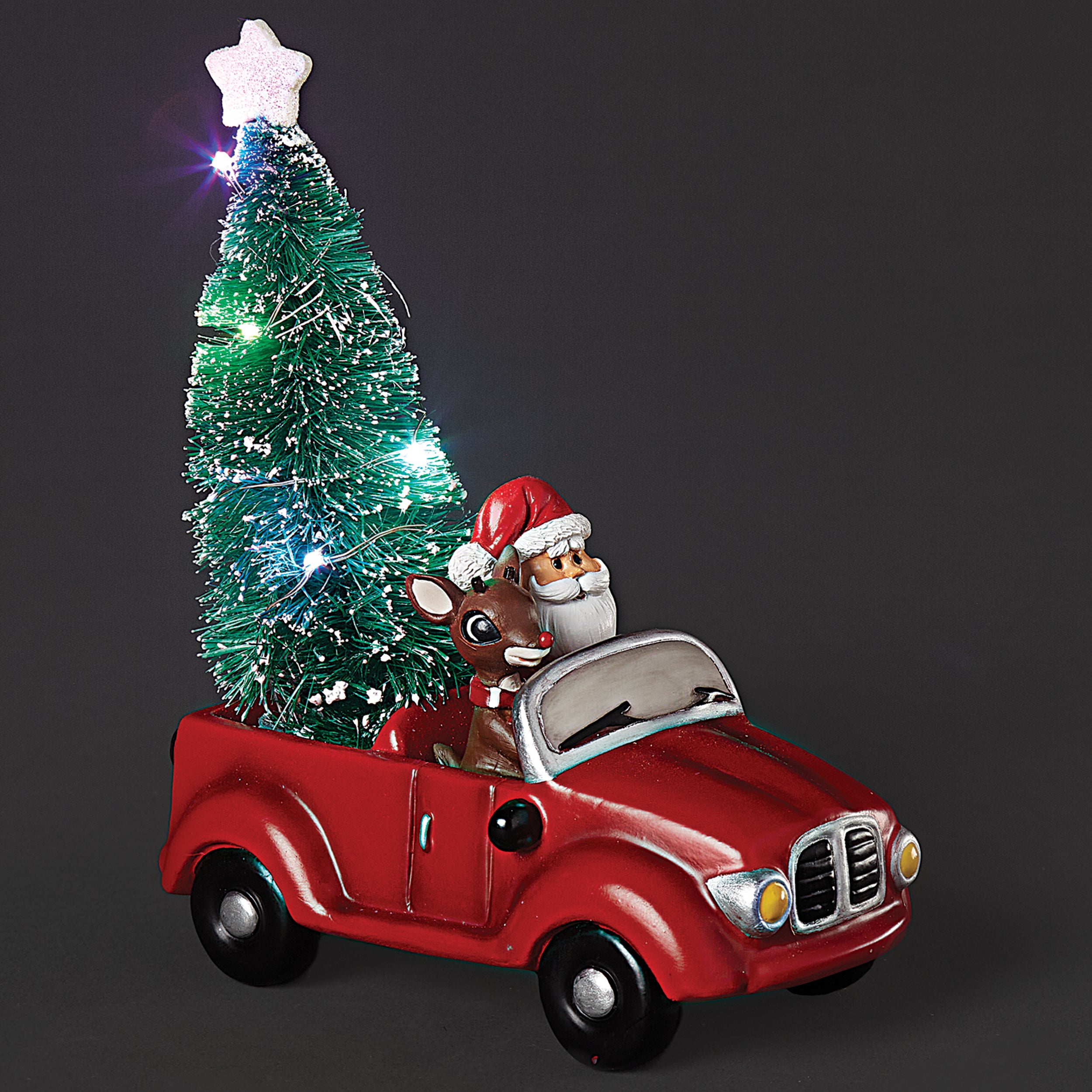 Lighted Rudolph in Car with Santa & Tree