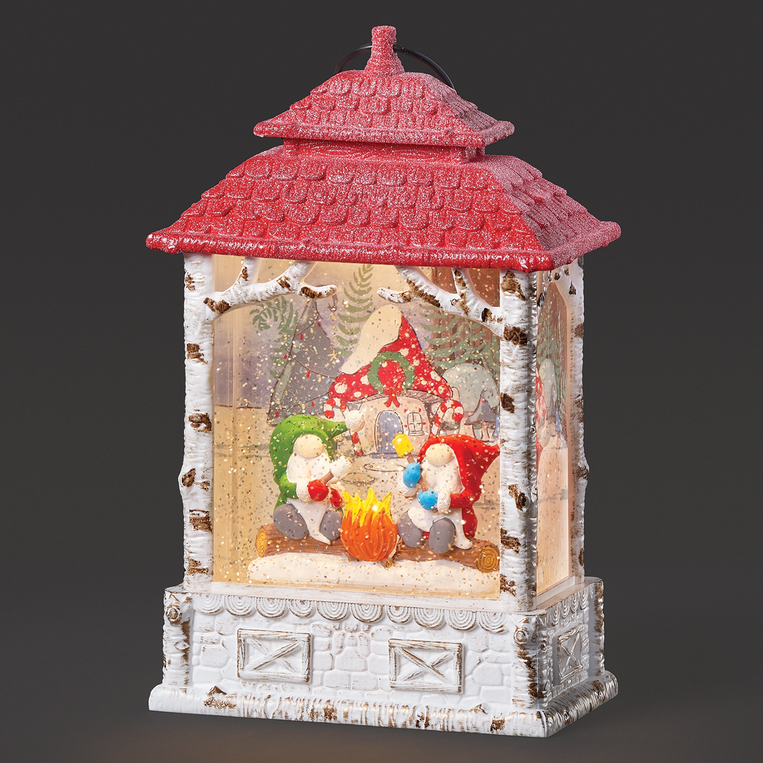 Confetti Lites Lighted Swirl White Lantern with Gnomes by a Campfire Scene