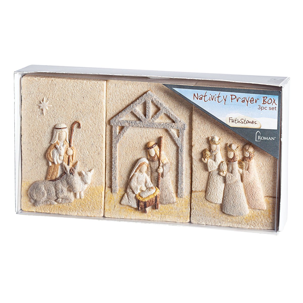 FaithStone Nativity Prayer Box Set displayed in its open packaging with three coordinating Nativity designs