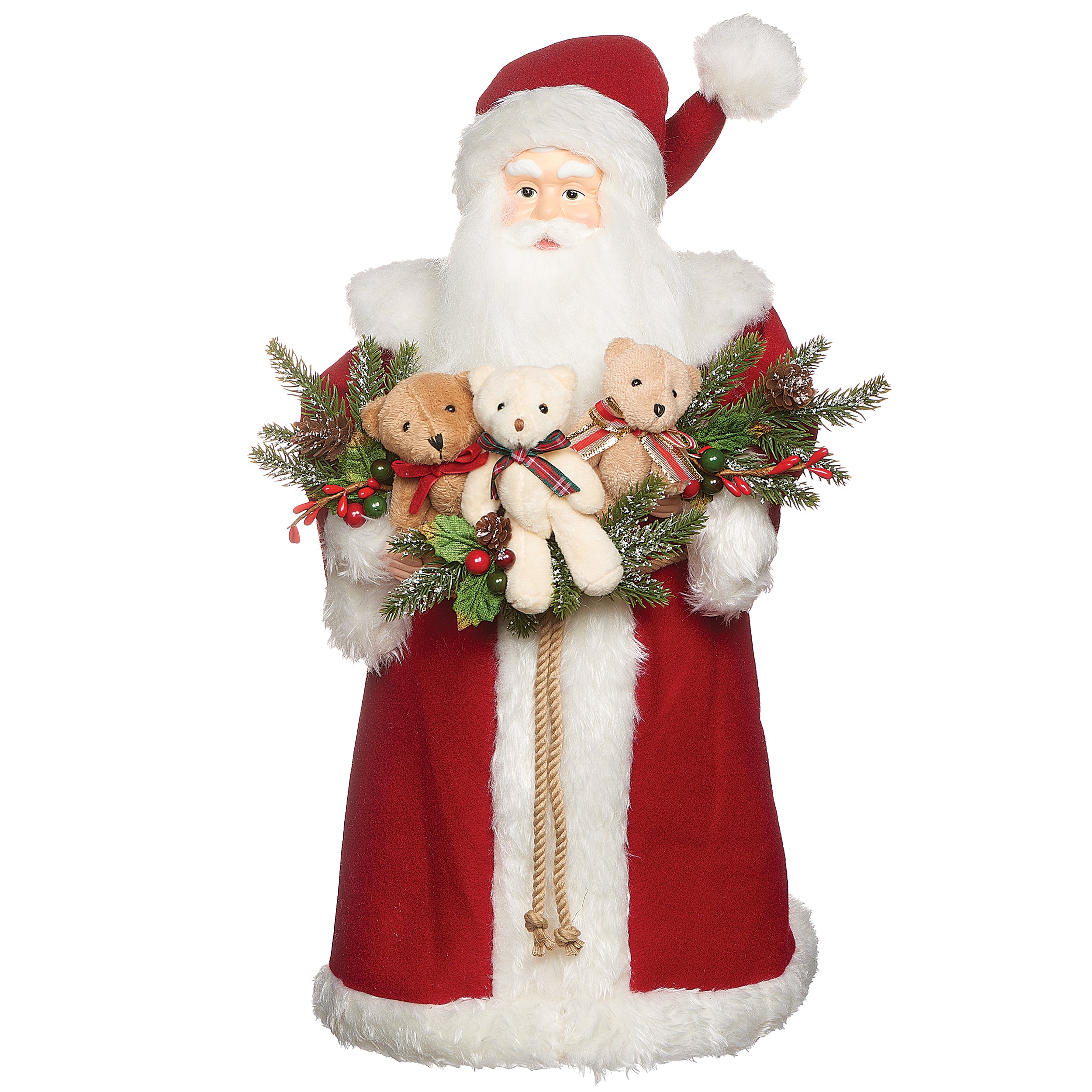 Santa Treetopper with Teddy Bear Garland & Red Coat