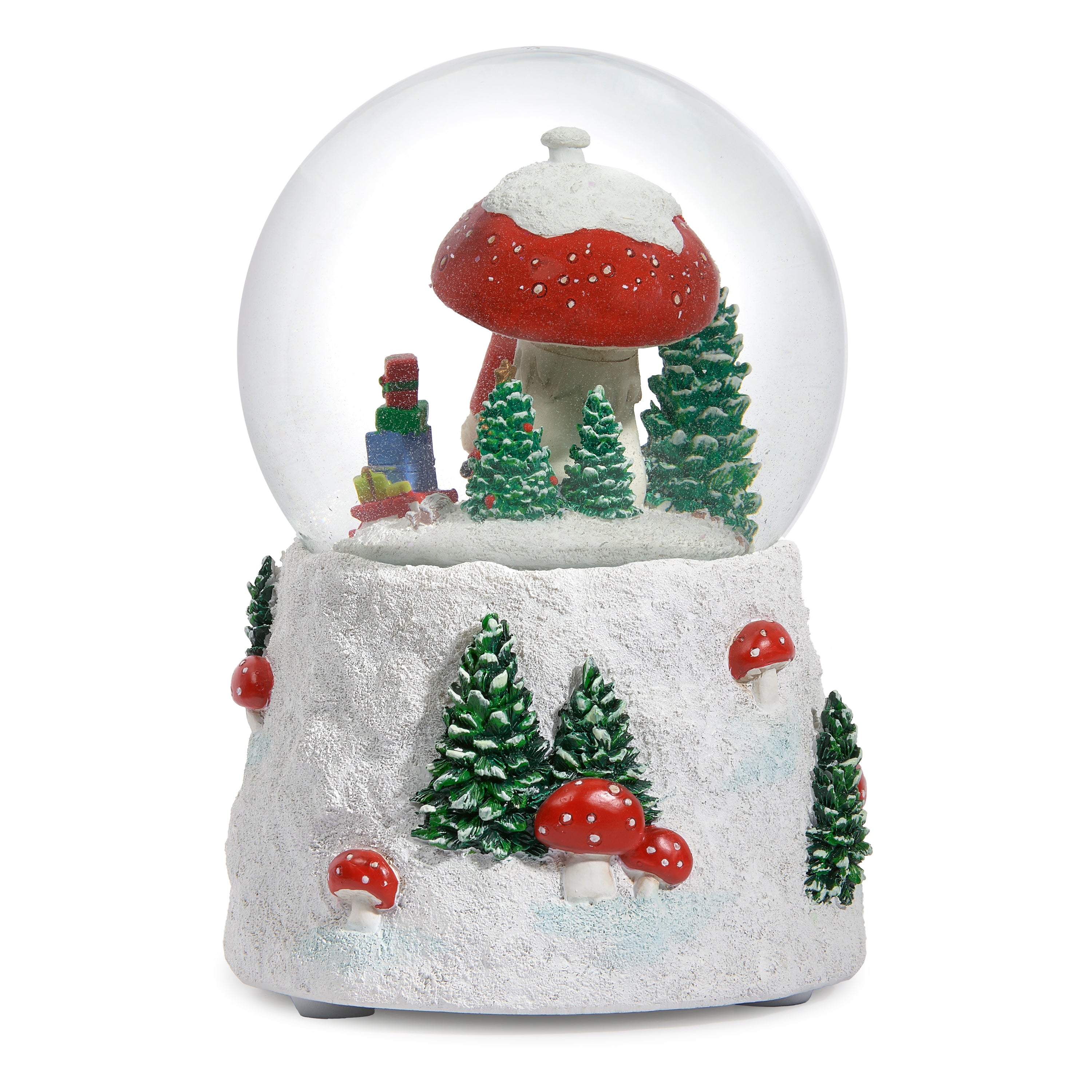 Snow globe with a red mushroom, trees, and a train on a white background
