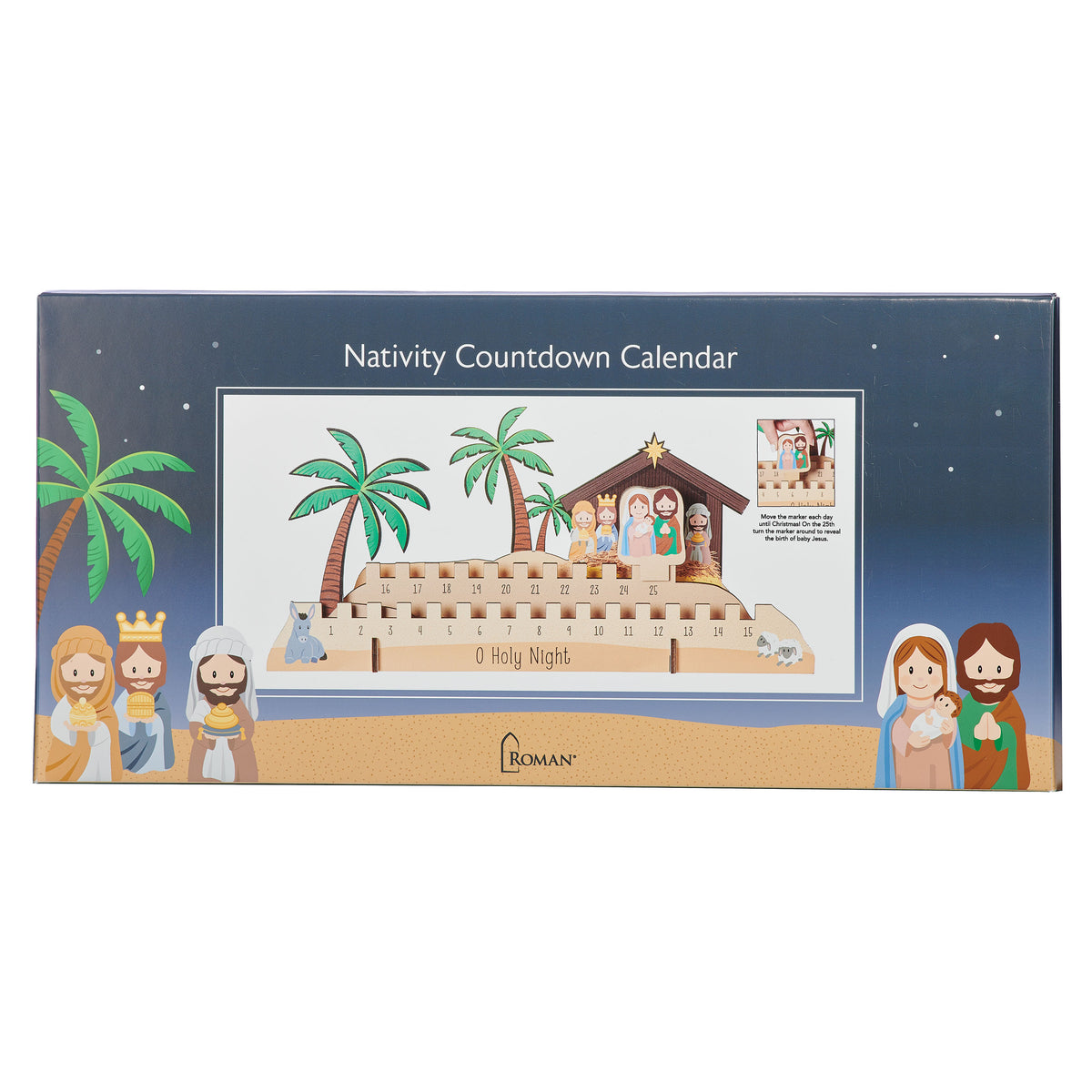 Front view of O' Holy Night Countdown to Christmas Advent Calendar featuring the Nativity stable, colorful figures, and wooden base