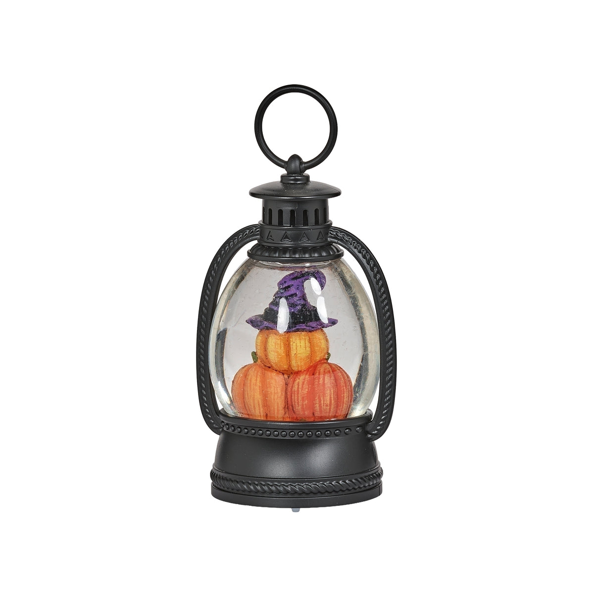 Rear view of black lantern showing the backs of the orange pumpkins through the clear panel.