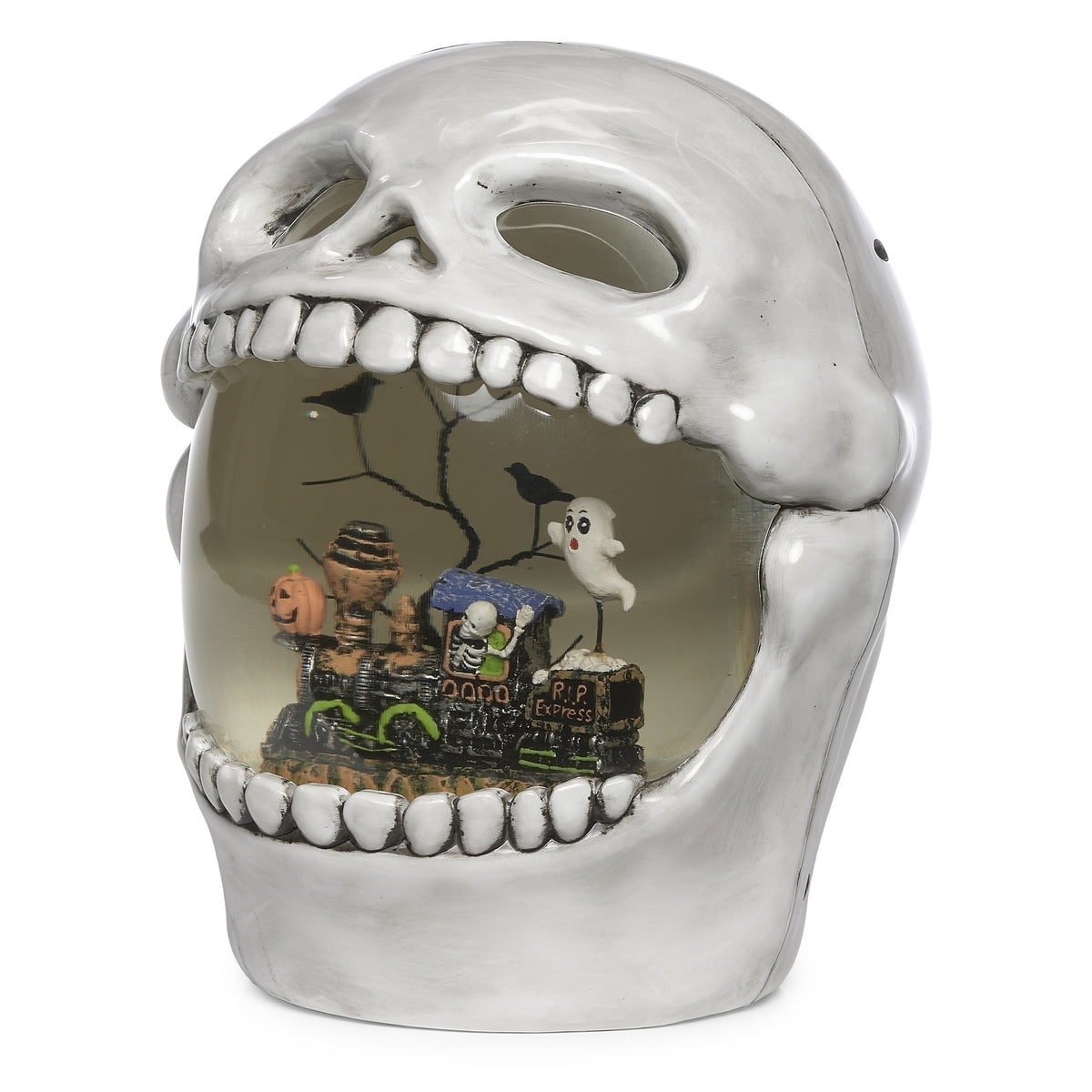 Angled view of skull decoration showing the haunted train scene framed by upper and lower teeth.