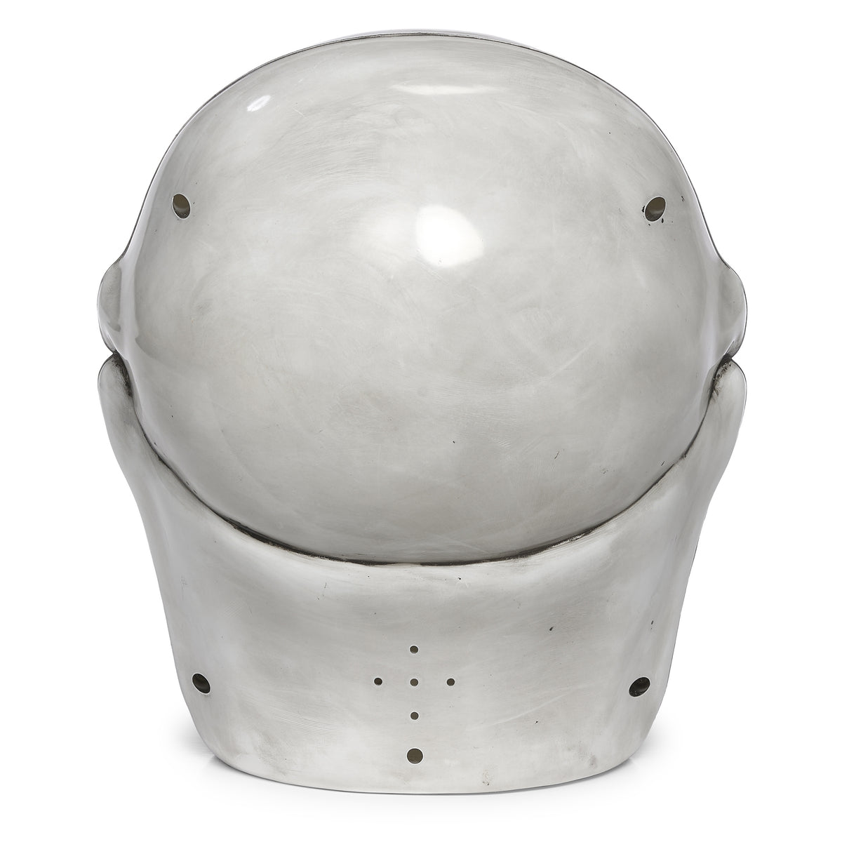 Rear view of skull decoration showing the rounded white shell, seams, and recessed screws.